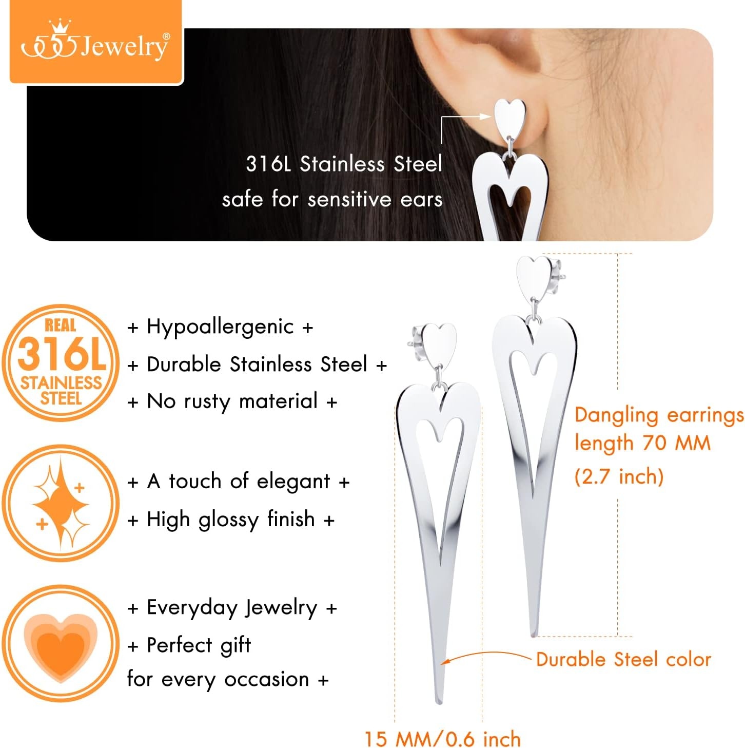 image:image555Jewelry Stainless Steel Long Stretched Dangle Heart Earrings for Women amp LadiesSilver