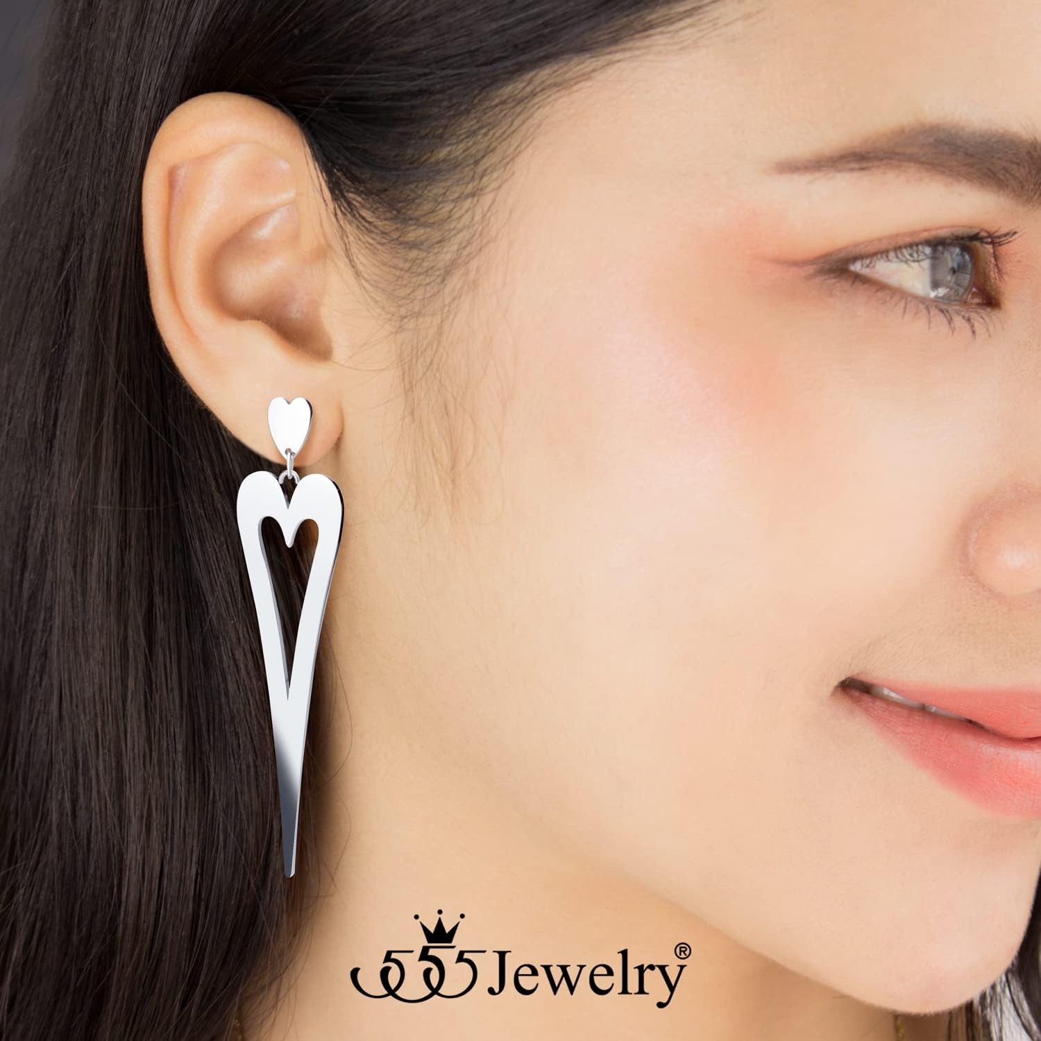 image:image555Jewelry Stainless Steel Long Stretched Dangle Heart Earrings for Women amp LadiesSilver