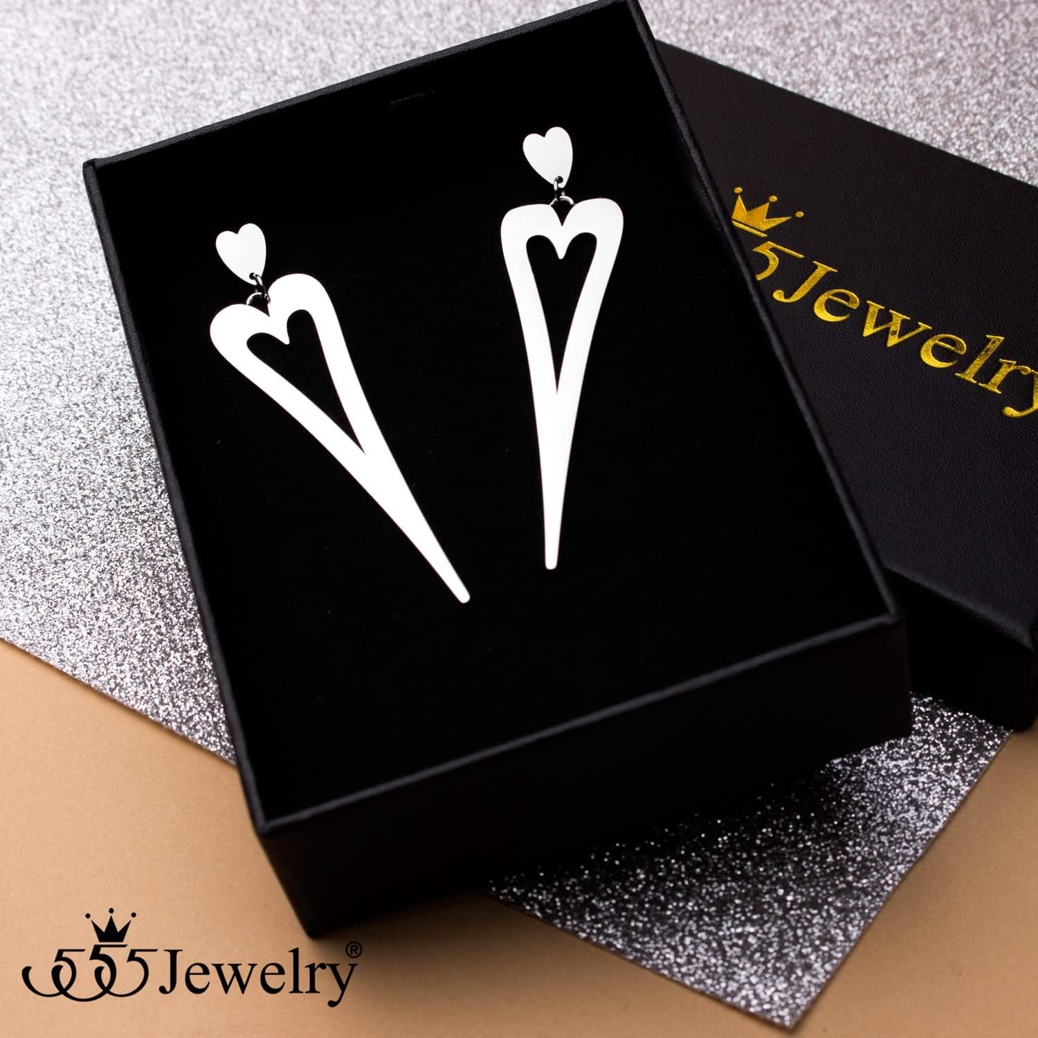 image:image555Jewelry Stainless Steel Long Stretched Dangle Heart Earrings for Women amp LadiesSilver
