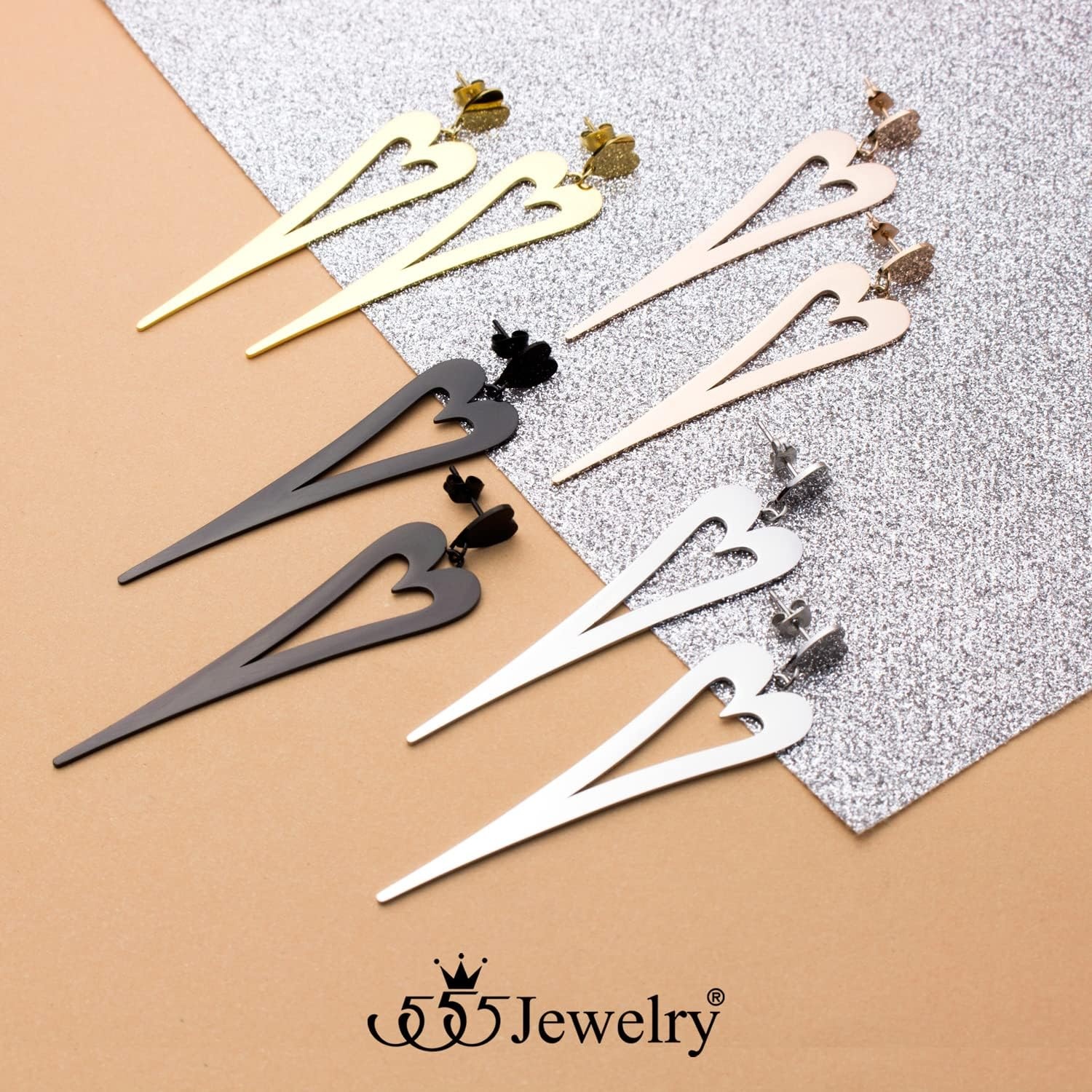 image:image555Jewelry Stainless Steel Long Stretched Dangle Heart Earrings for Women amp LadiesSilver