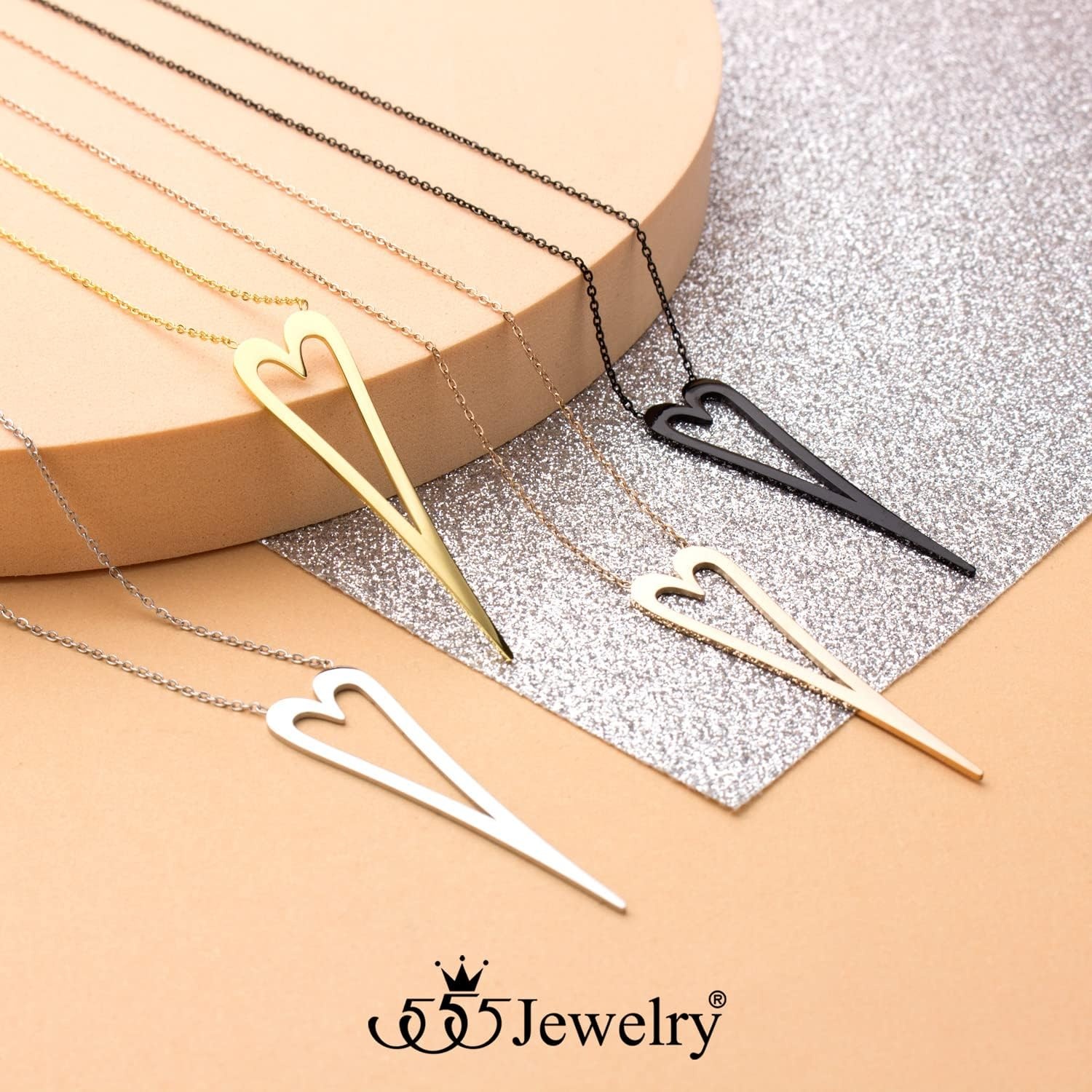 image:image555Jewelry Stainless Steel Long Stretched Heart Necklace for Women Heart Shaped Hypoallergenic PendantGold