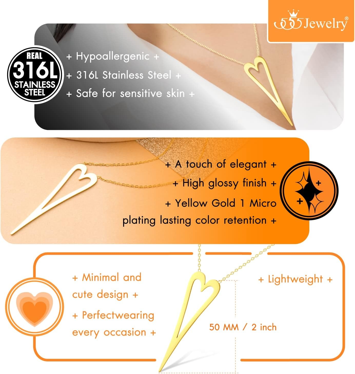 image:image555Jewelry Stainless Steel Long Stretched Heart Necklace for Women Heart Shaped Hypoallergenic PendantGold