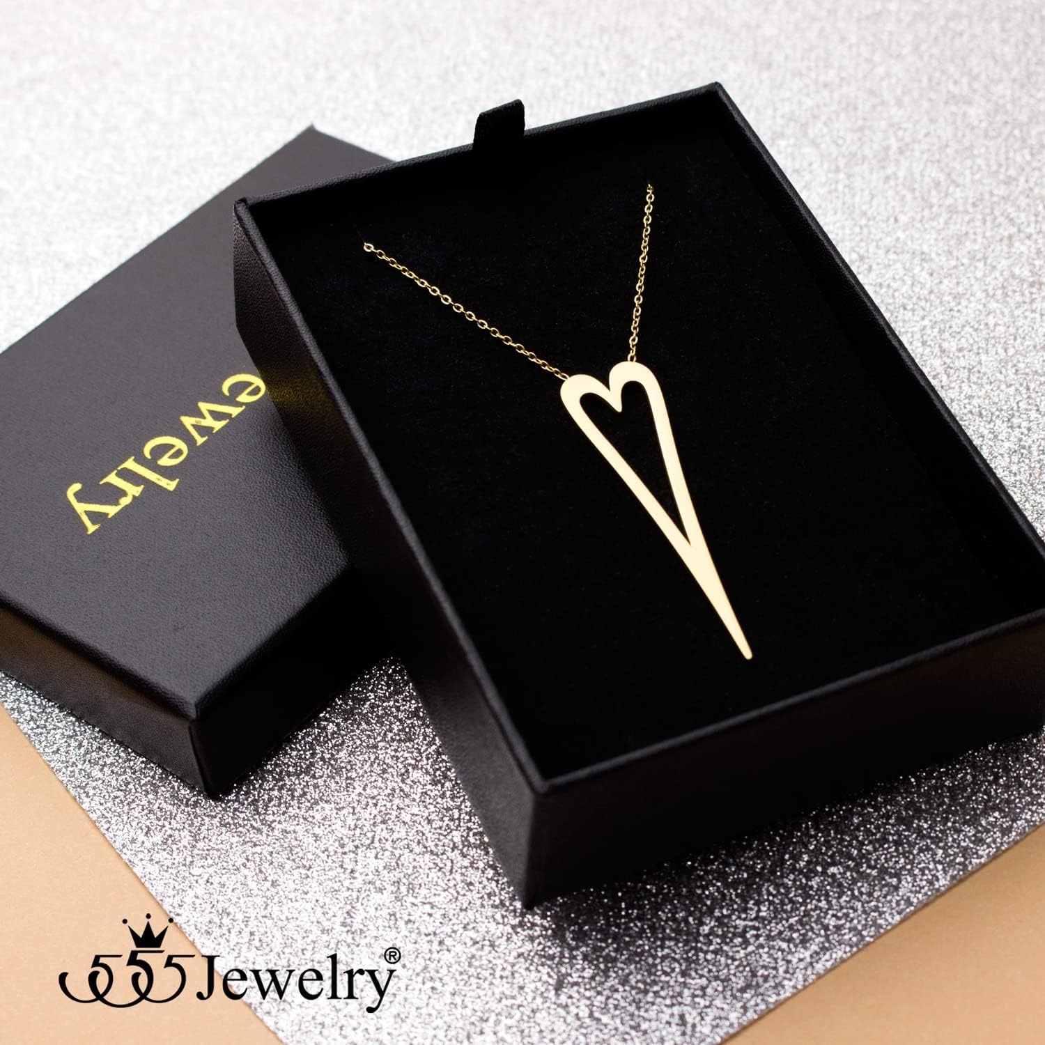 image:image555Jewelry Stainless Steel Long Stretched Heart Necklace for Women Heart Shaped Hypoallergenic PendantGold