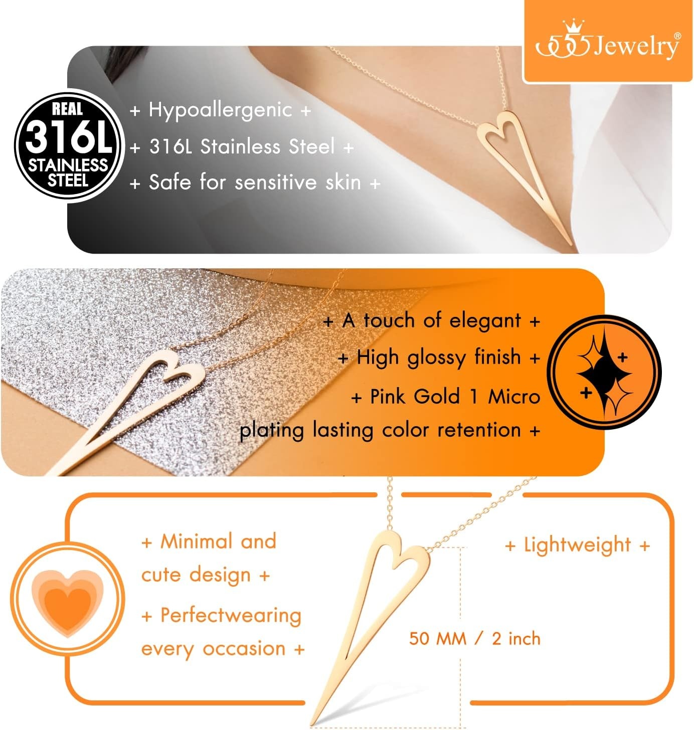 image:image555Jewelry Stainless Steel Long Stretched Heart Necklace for Women Heart Shaped Hypoallergenic PendantRose Gold