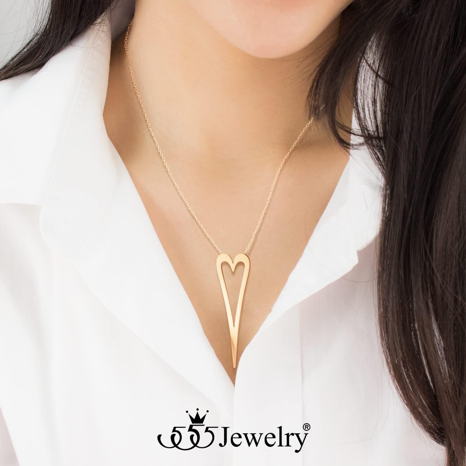 image:image555Jewelry Stainless Steel Long Stretched Heart Necklace for Women Heart Shaped Hypoallergenic PendantRose Gold