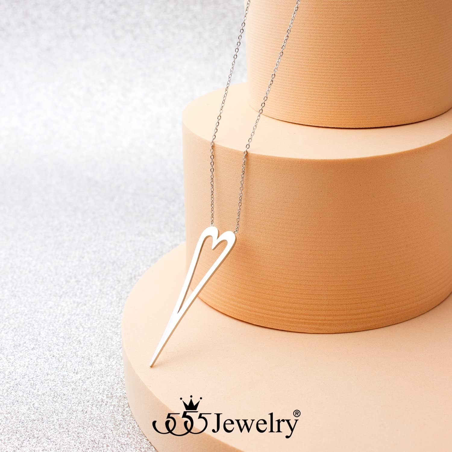 image:image555Jewelry Stainless Steel Long Stretched Heart Necklace for Women Heart Shaped Hypoallergenic PendantSilver
