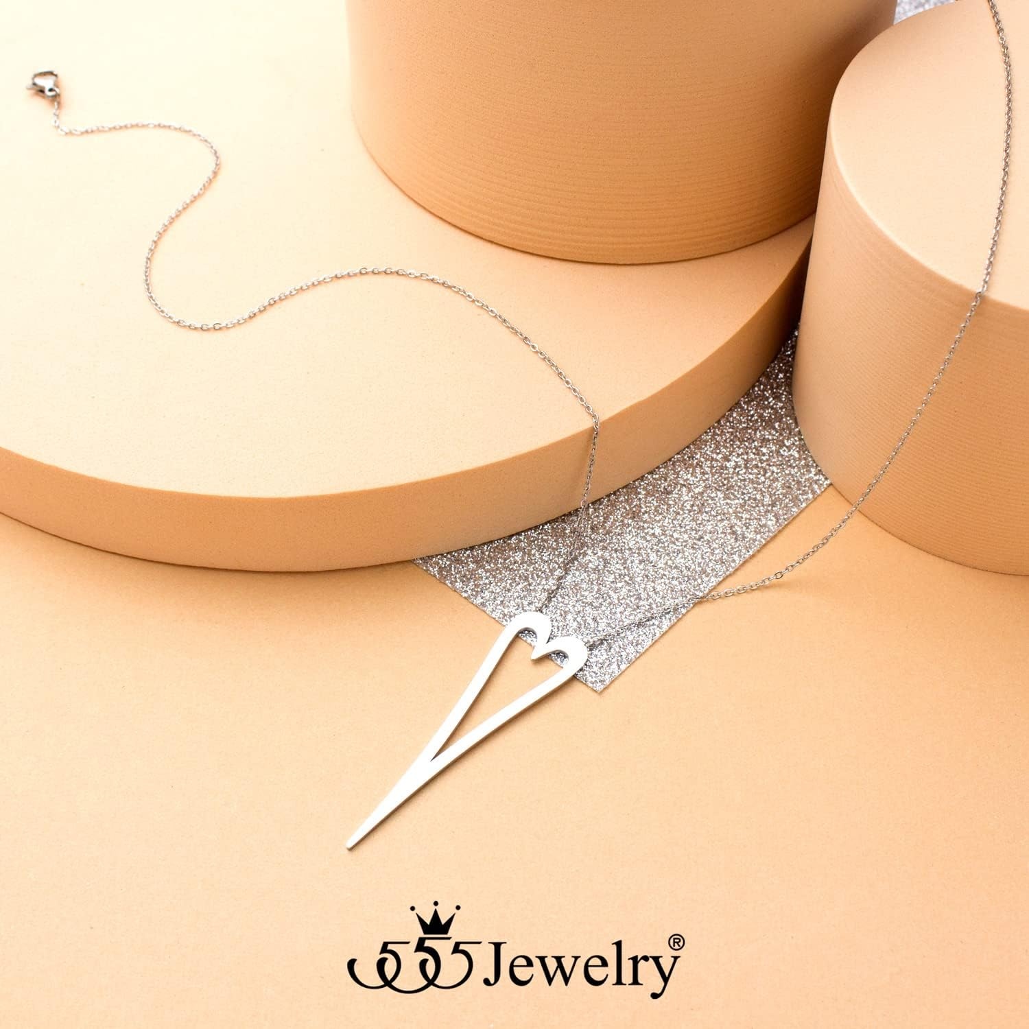 image:image555Jewelry Stainless Steel Long Stretched Heart Necklace for Women Heart Shaped Hypoallergenic PendantSilver