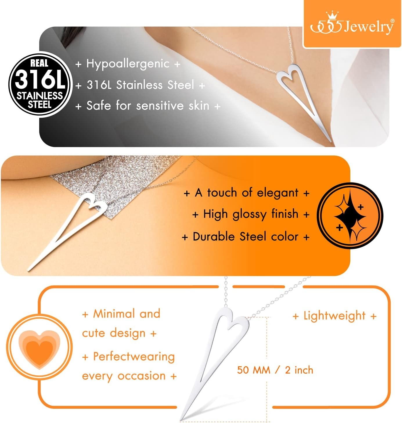 image:image555Jewelry Stainless Steel Long Stretched Heart Necklace for Women Heart Shaped Hypoallergenic PendantSilver