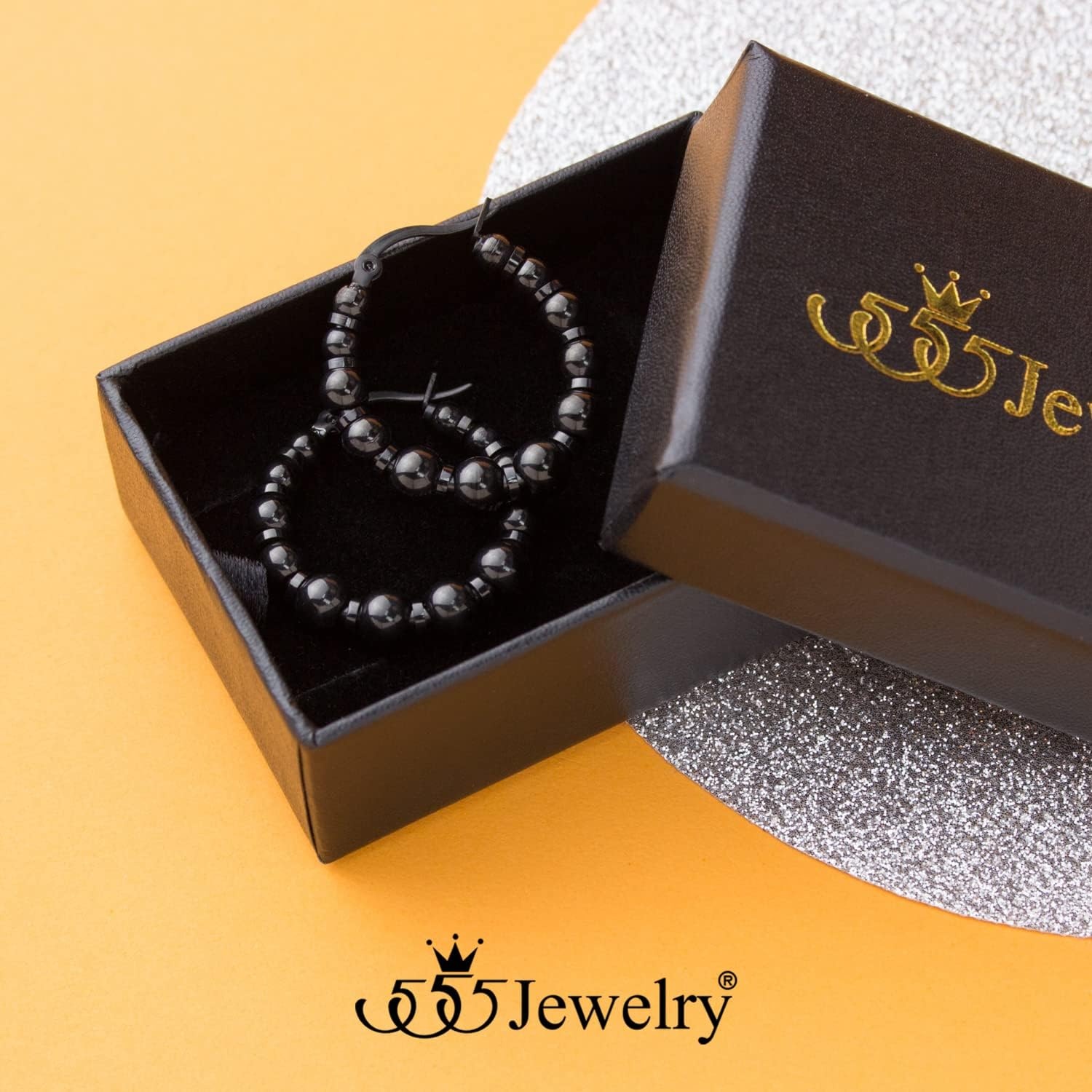 image:image555Jewelry Stainless Steel Medium Beaded Hoop Earrings for Women amp LadiesBlack