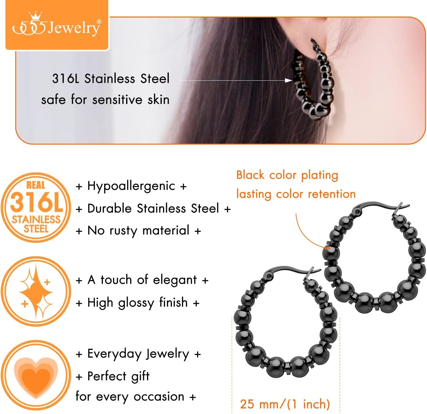 image:image555Jewelry Stainless Steel Medium Beaded Hoop Earrings for Women amp LadiesBlack