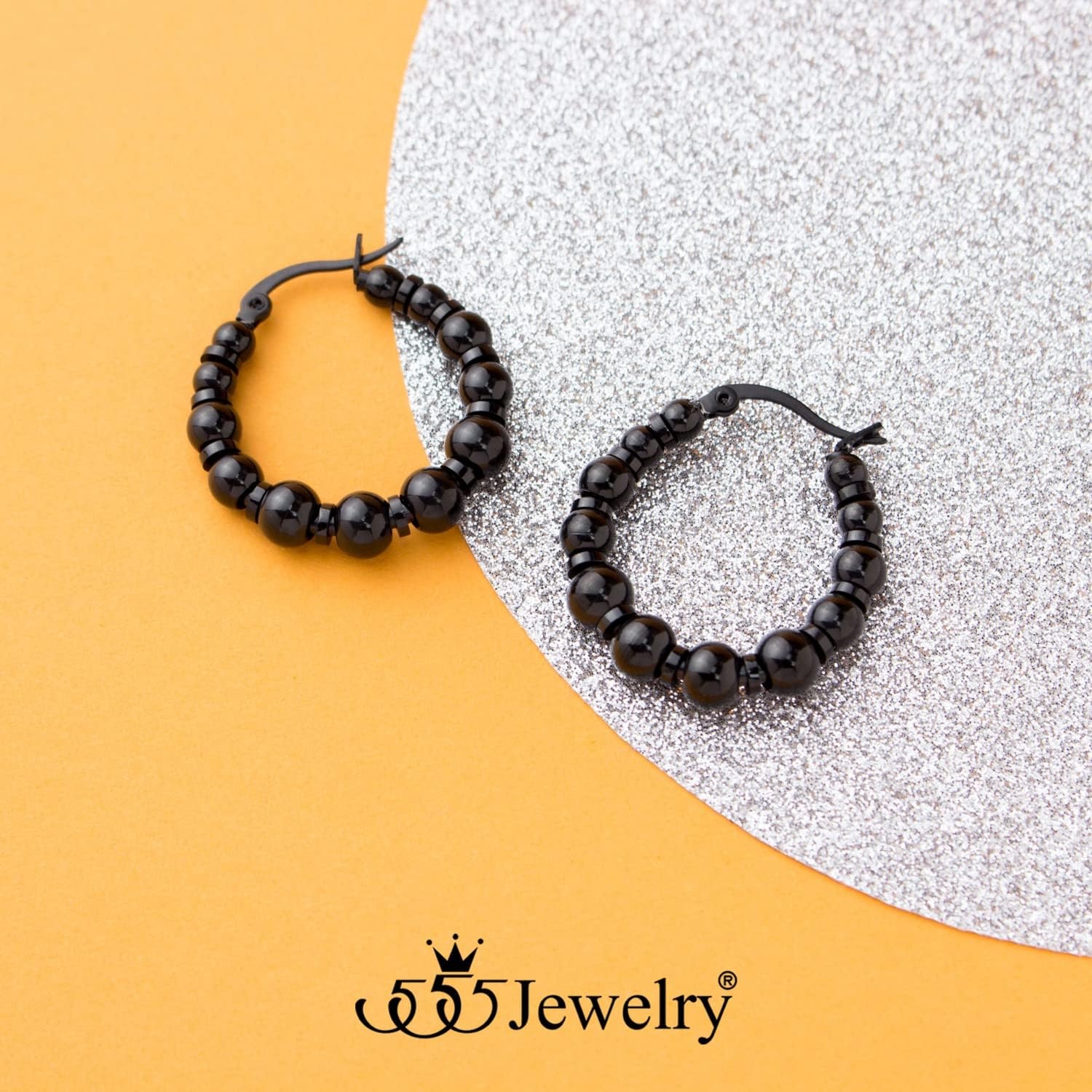 image:image555Jewelry Stainless Steel Medium Beaded Hoop Earrings for Women amp LadiesBlack