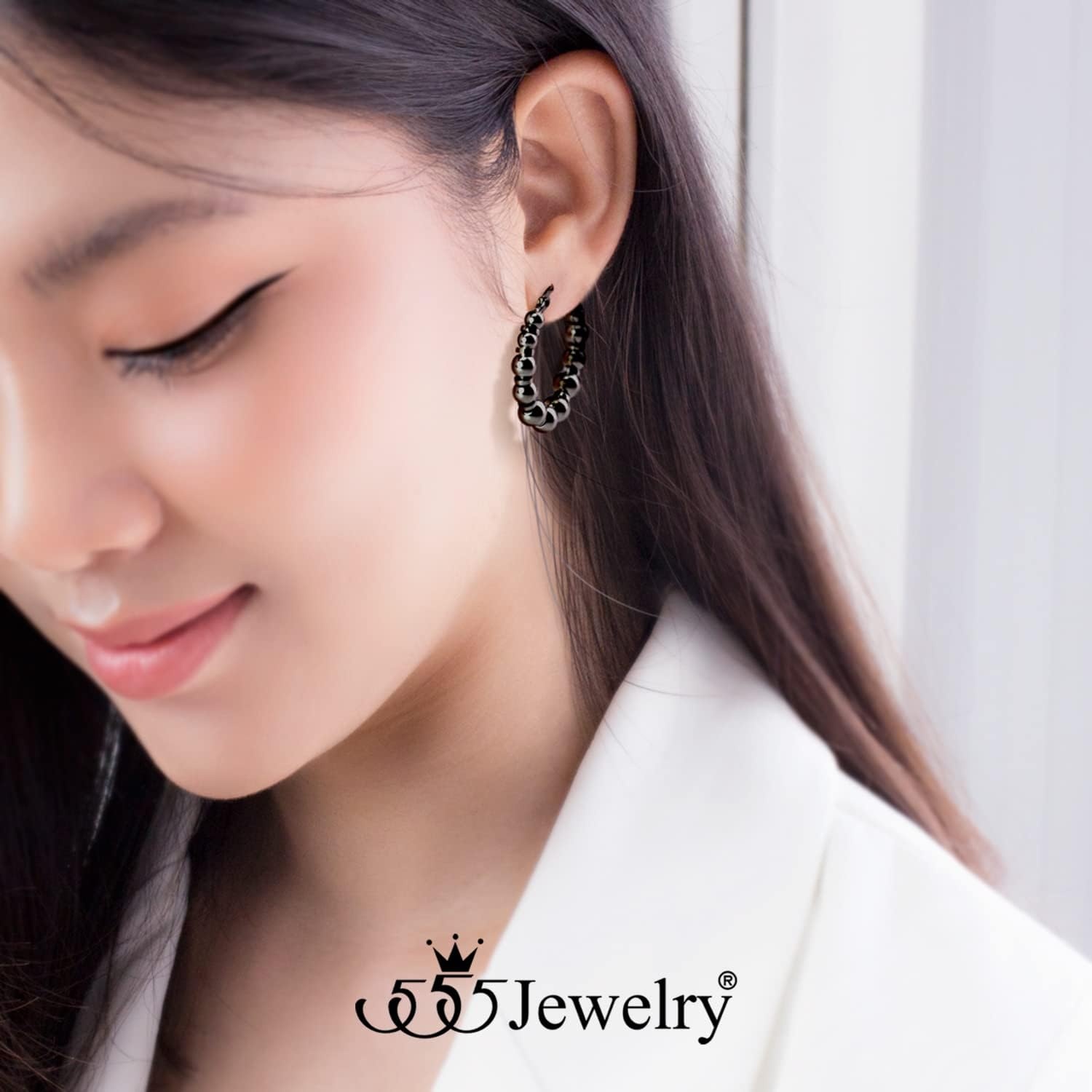 image:image555Jewelry Stainless Steel Medium Beaded Hoop Earrings for Women amp LadiesBlack