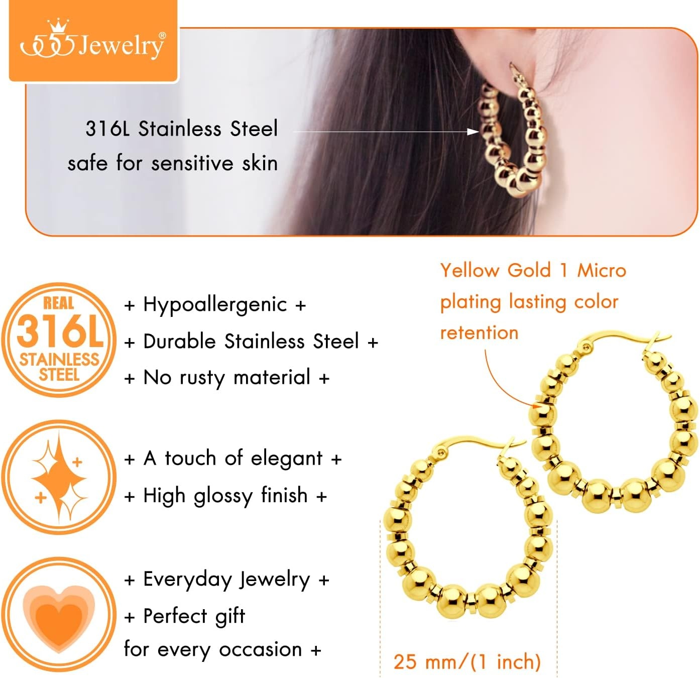 image:image555Jewelry Stainless Steel Medium Beaded Hoop Earrings for Women amp LadiesGold