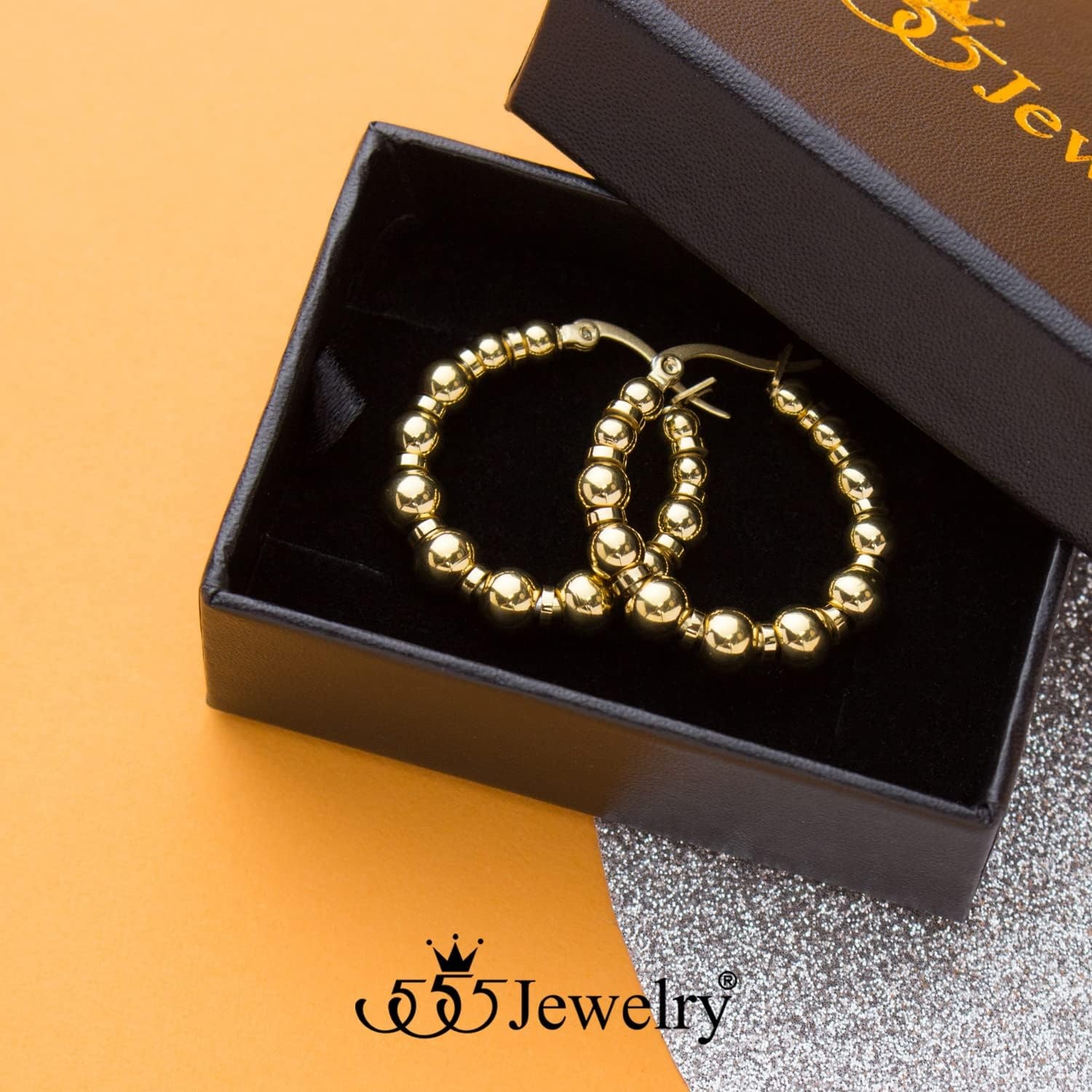 image:image555Jewelry Stainless Steel Medium Beaded Hoop Earrings for Women amp LadiesGold