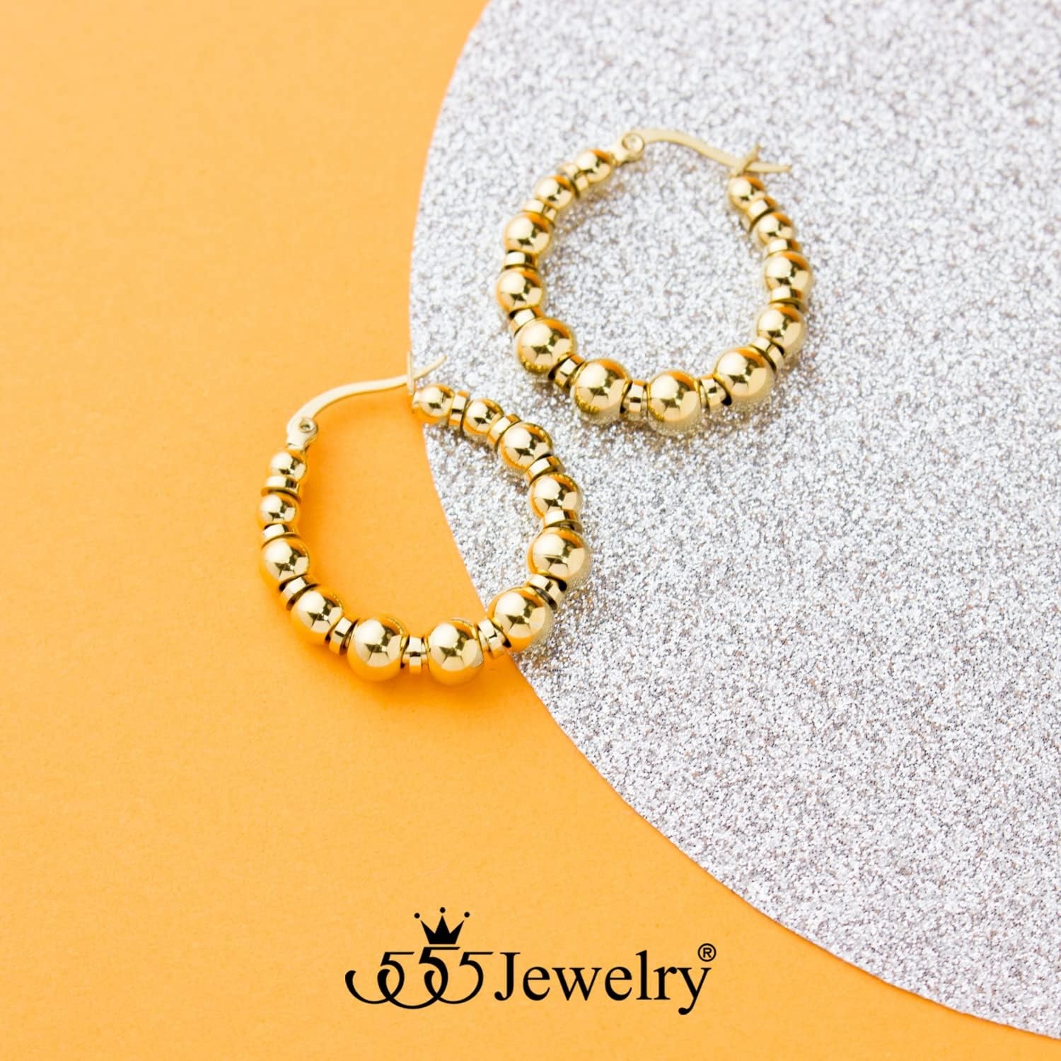 image:image555Jewelry Stainless Steel Medium Beaded Hoop Earrings for Women amp LadiesGold