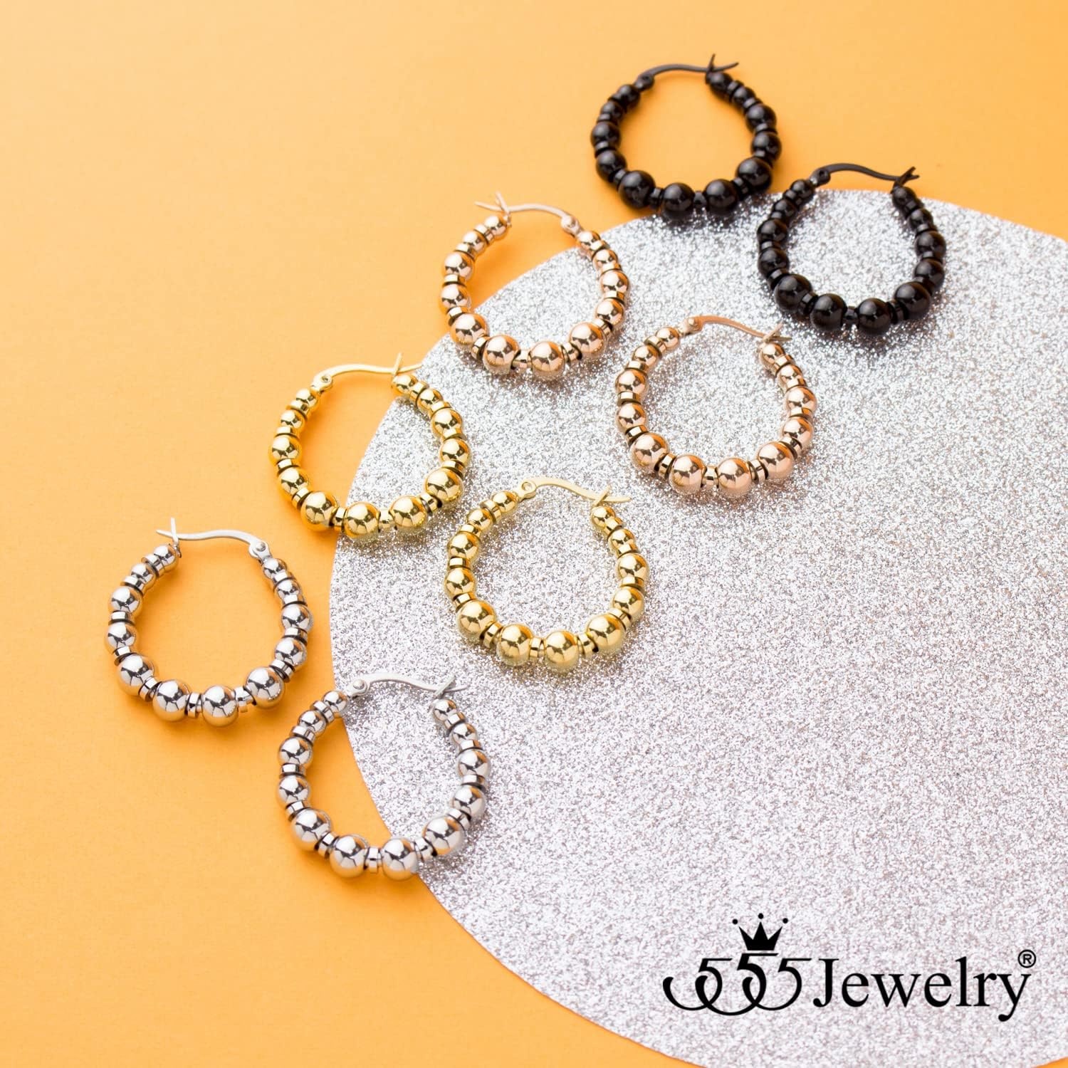 image:image555Jewelry Stainless Steel Medium Beaded Hoop Earrings for Women amp LadiesGold