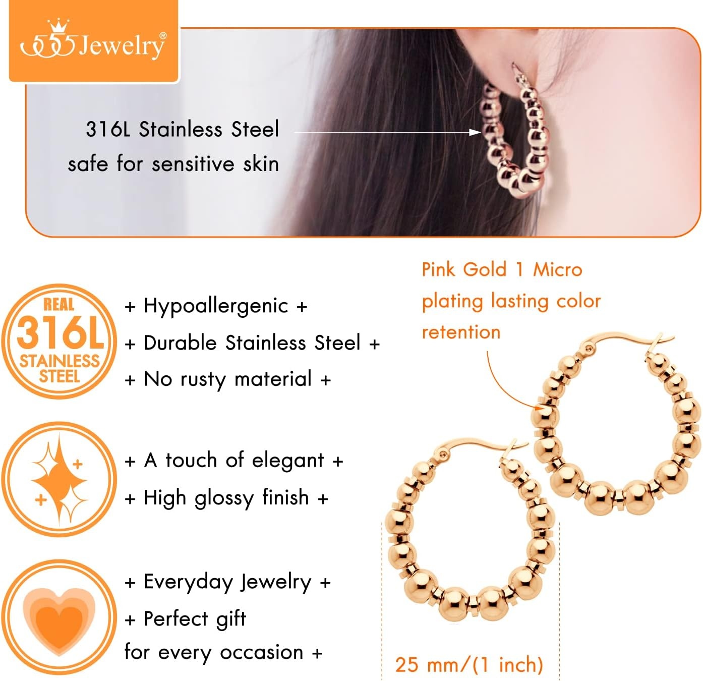 image:image555Jewelry Stainless Steel Medium Beaded Hoop Earrings for Women amp LadiesRose Gold