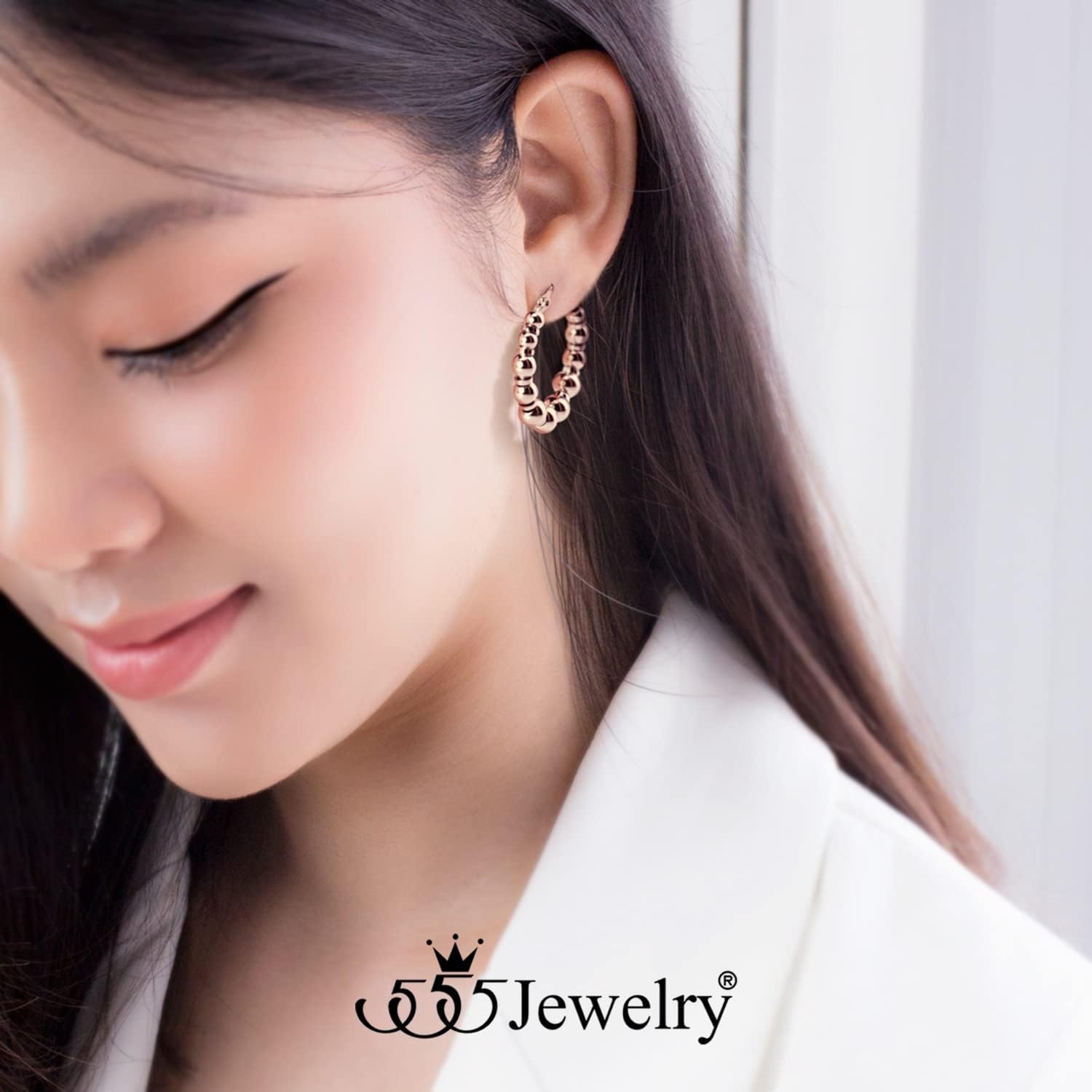 image:image555Jewelry Stainless Steel Medium Beaded Hoop Earrings for Women amp LadiesRose Gold
