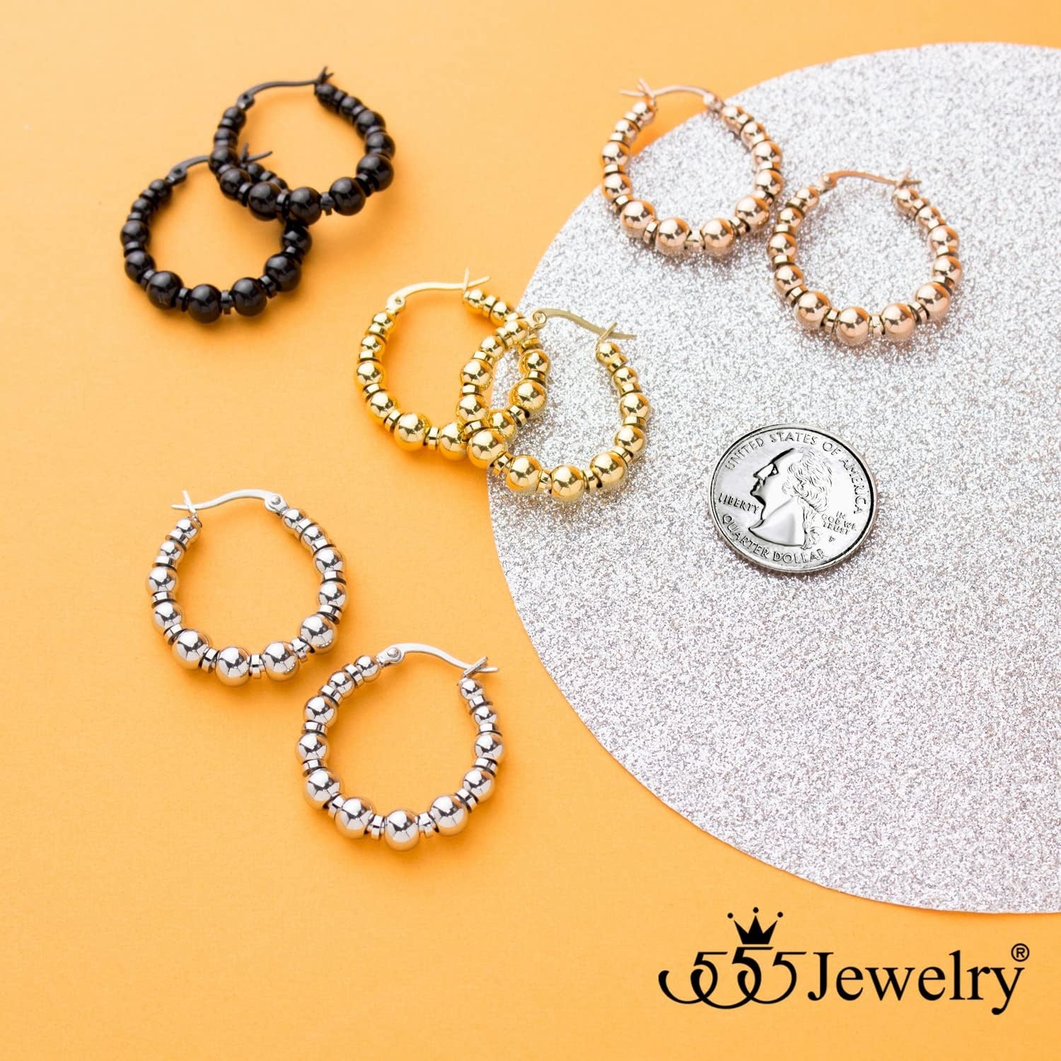 image:image555Jewelry Stainless Steel Medium Beaded Hoop Earrings for Women amp LadiesRose Gold