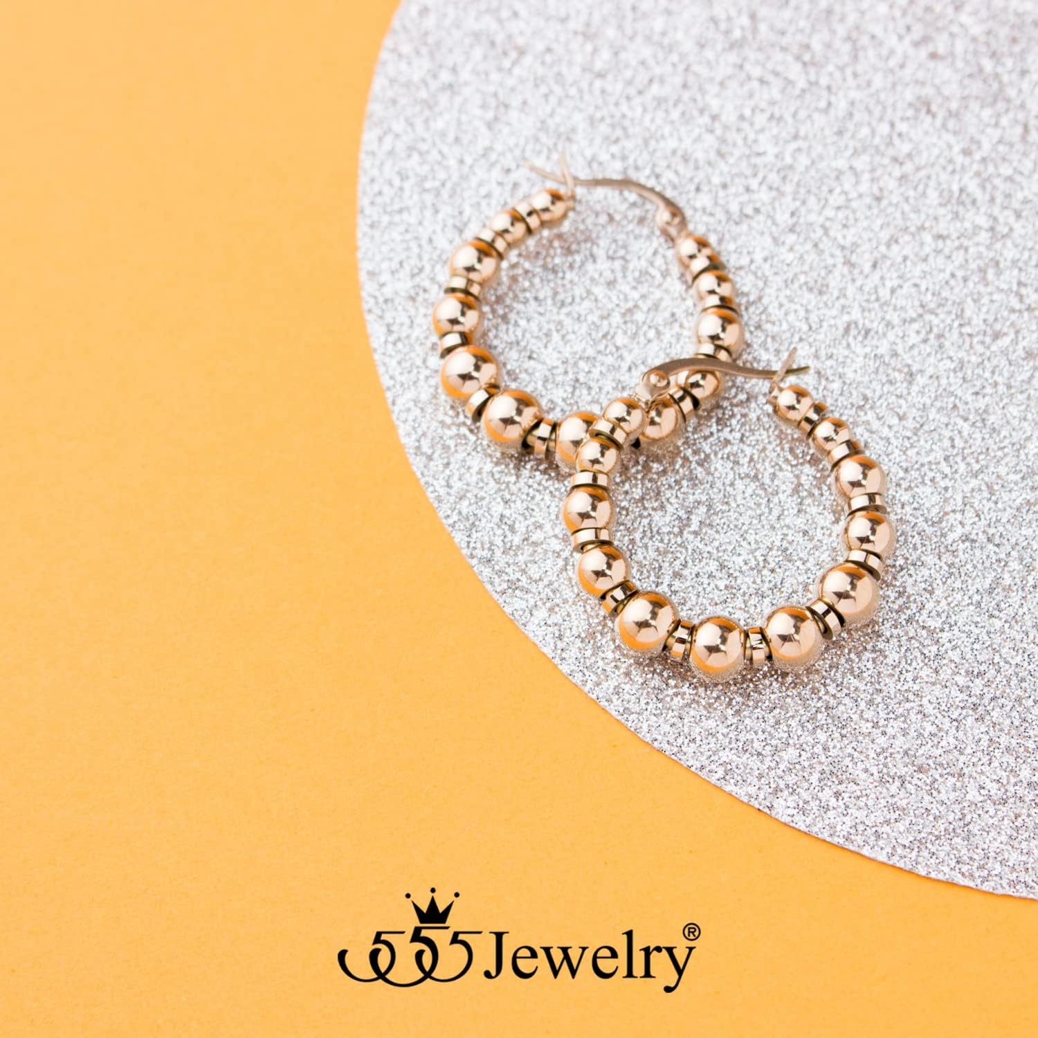image:image555Jewelry Stainless Steel Medium Beaded Hoop Earrings for Women amp LadiesRose Gold