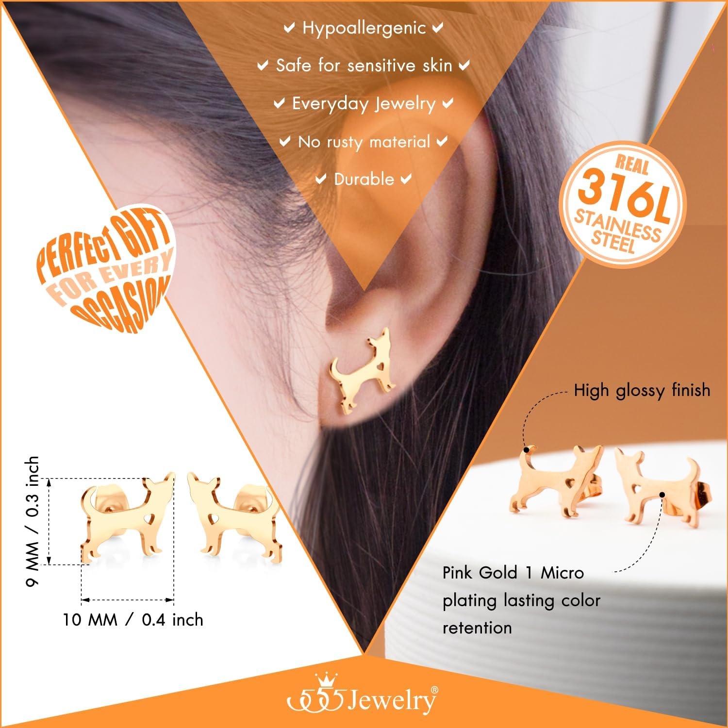 image:image555Jewelry Stainless Steel Small Tiny Puppy Dog Stud Earrings for WomenHypoallergenic Miniature Dog EarringStyle 2Rose Gold