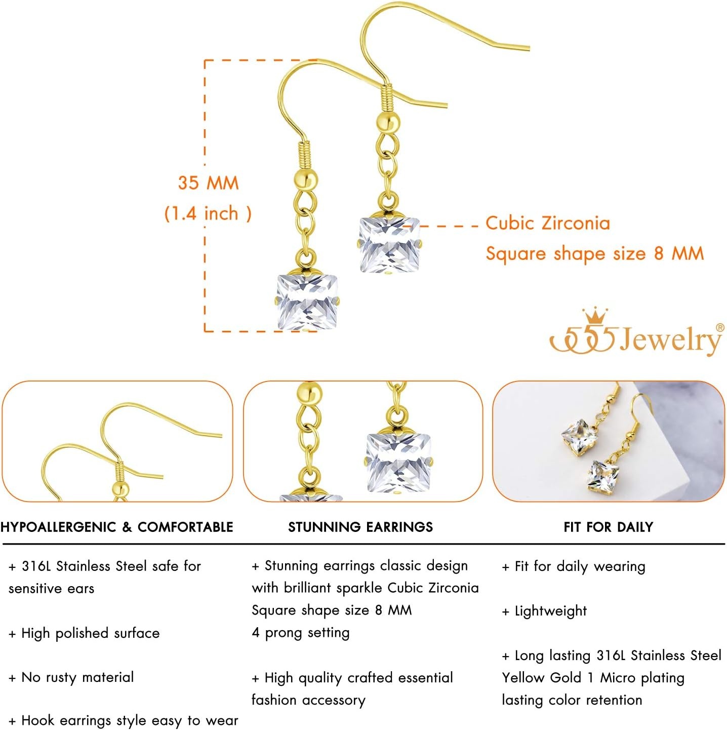 image:image555Jewelry Stainless Steel Sparkly Square CZ Dangle Drop Earrings for WomenGold