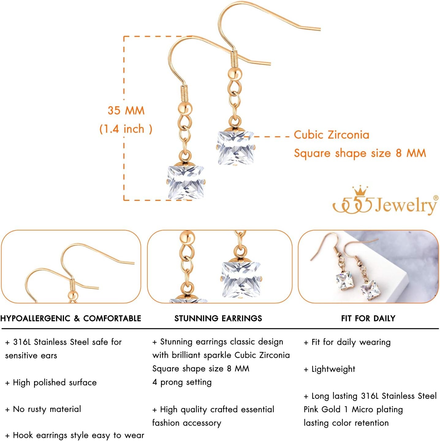 image:image555Jewelry Stainless Steel Sparkly Square CZ Dangle Drop Earrings for WomenRose Gold
