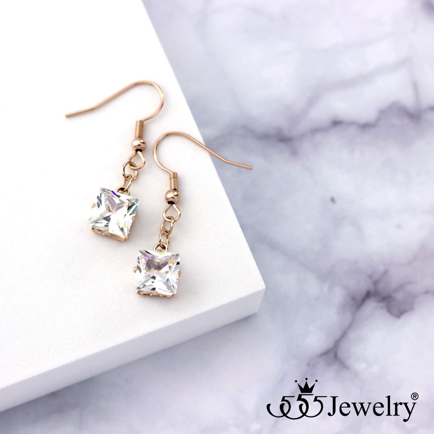 image:image555Jewelry Stainless Steel Sparkly Square CZ Dangle Drop Earrings for WomenRose Gold