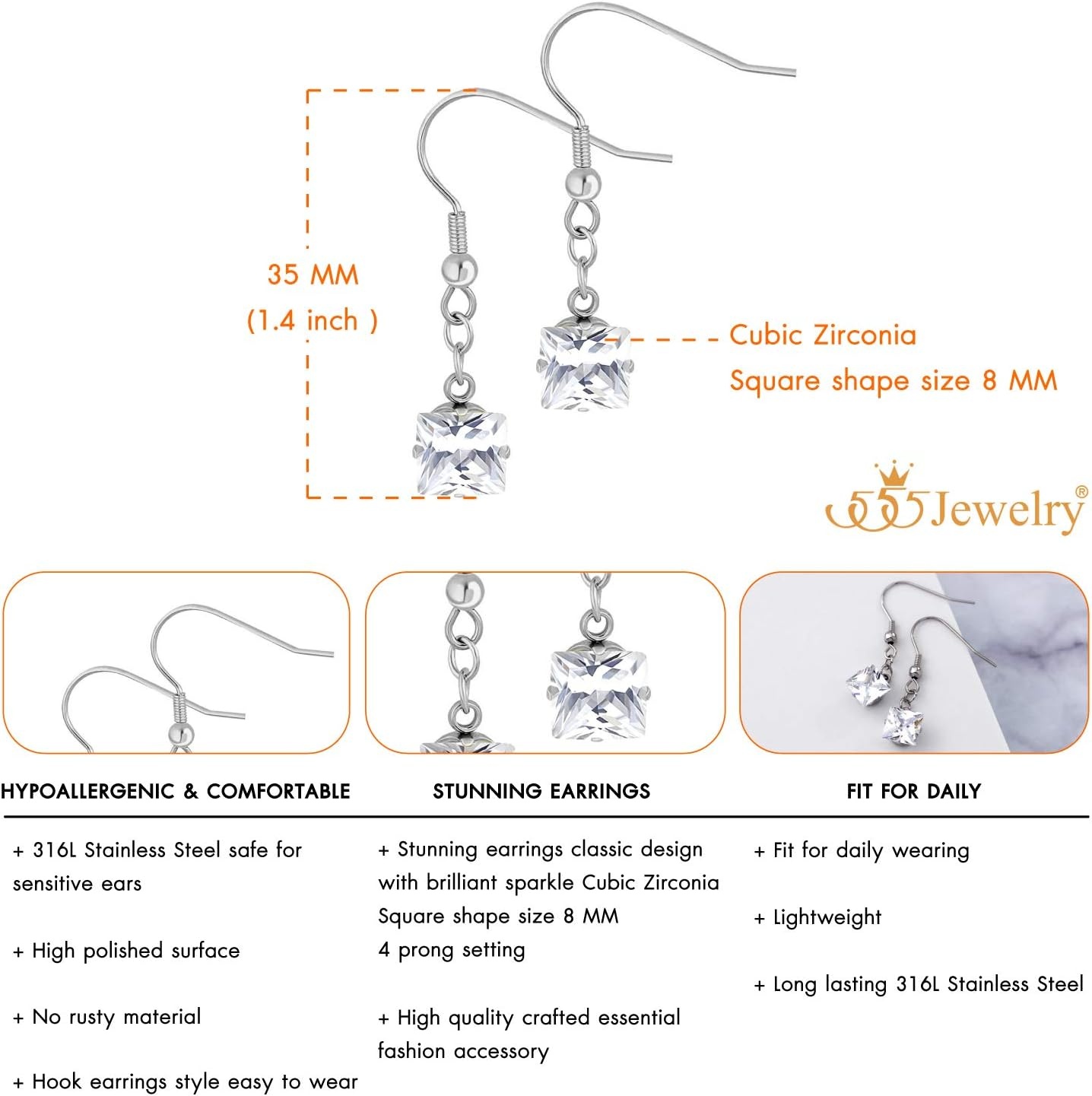 image:image555Jewelry Stainless Steel Sparkly Square CZ Dangle Drop Earrings for WomenSilver