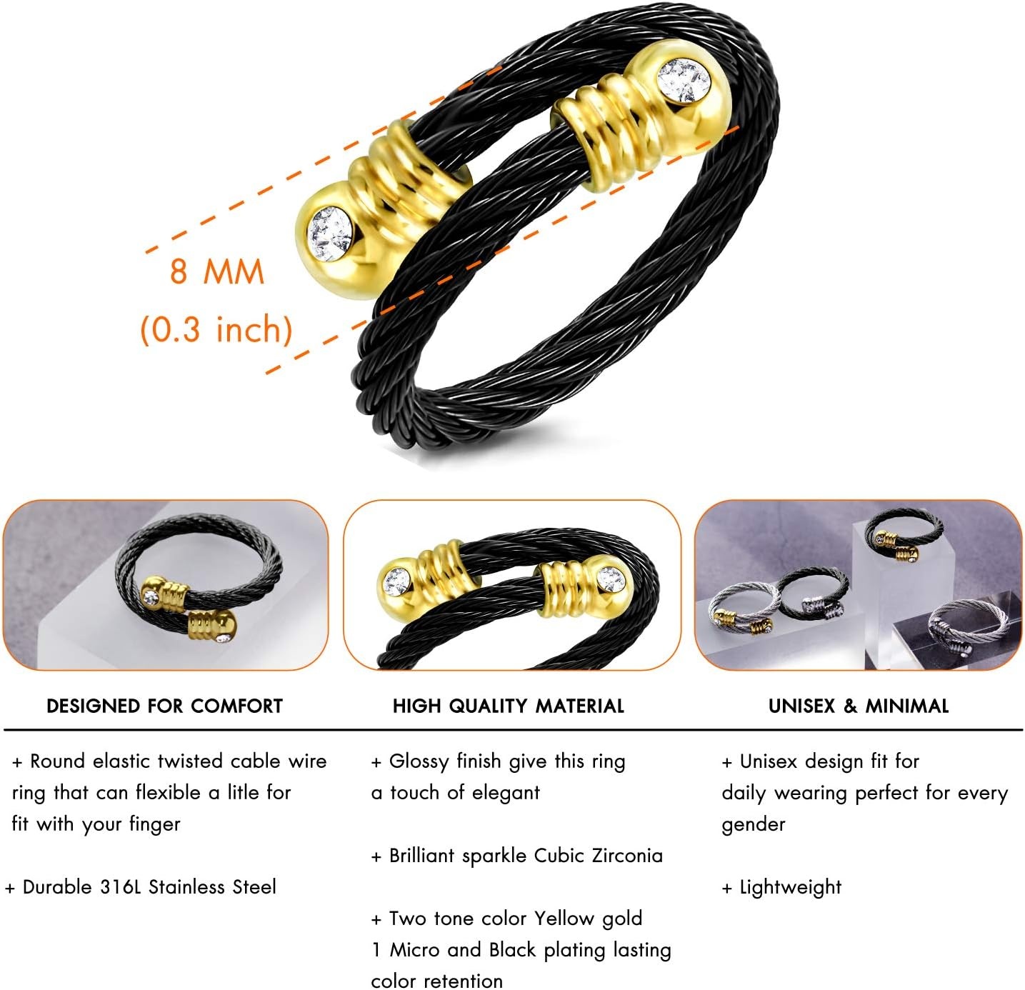 image:image555Jewelry Stainless Steel Twisted Cable CZ Adjustable Open Ring for Women amp LadiesBlack Gold