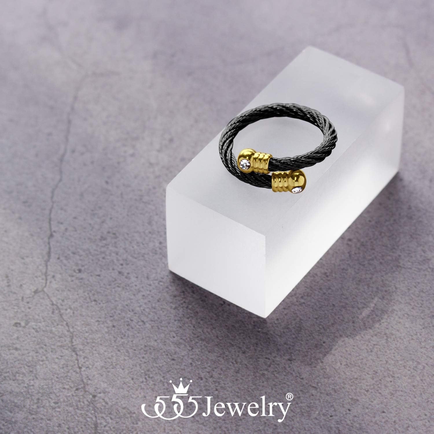 image:image555Jewelry Stainless Steel Twisted Cable CZ Adjustable Open Ring for Women amp LadiesBlack Gold