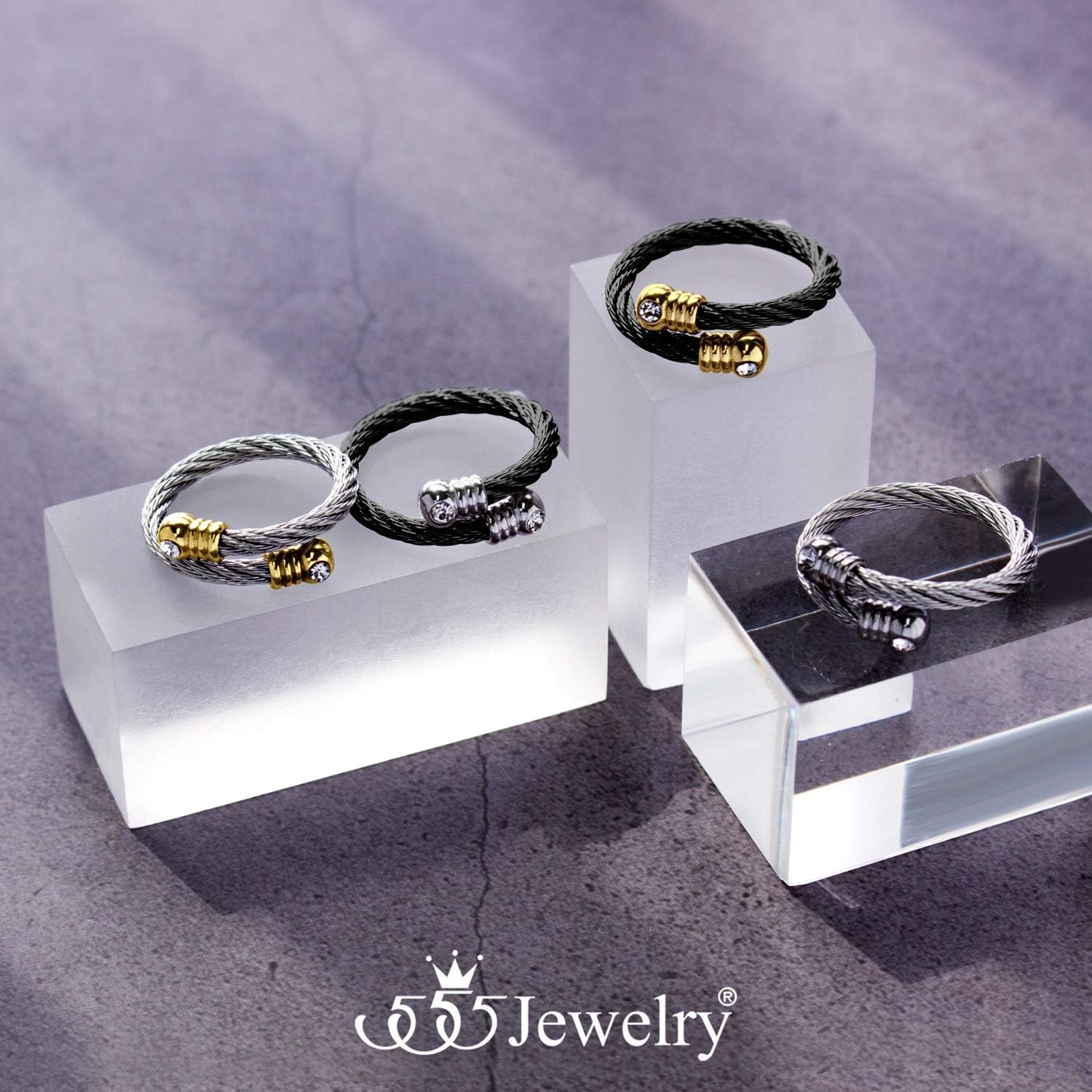 image:image555Jewelry Stainless Steel Twisted Cable CZ Adjustable Open Ring for Women amp LadiesBlack Silver