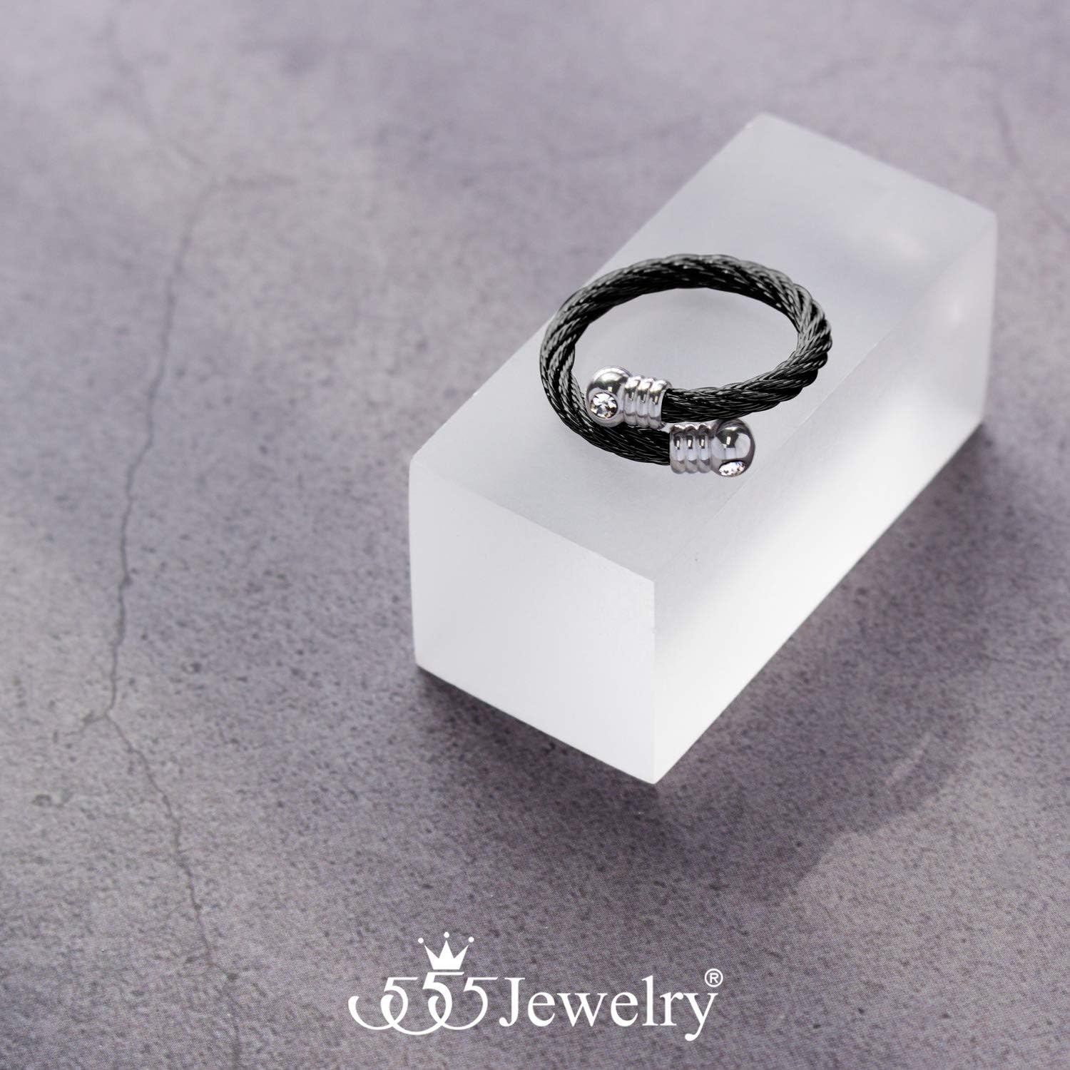 image:image555Jewelry Stainless Steel Twisted Cable CZ Adjustable Open Ring for Women amp LadiesBlack Silver