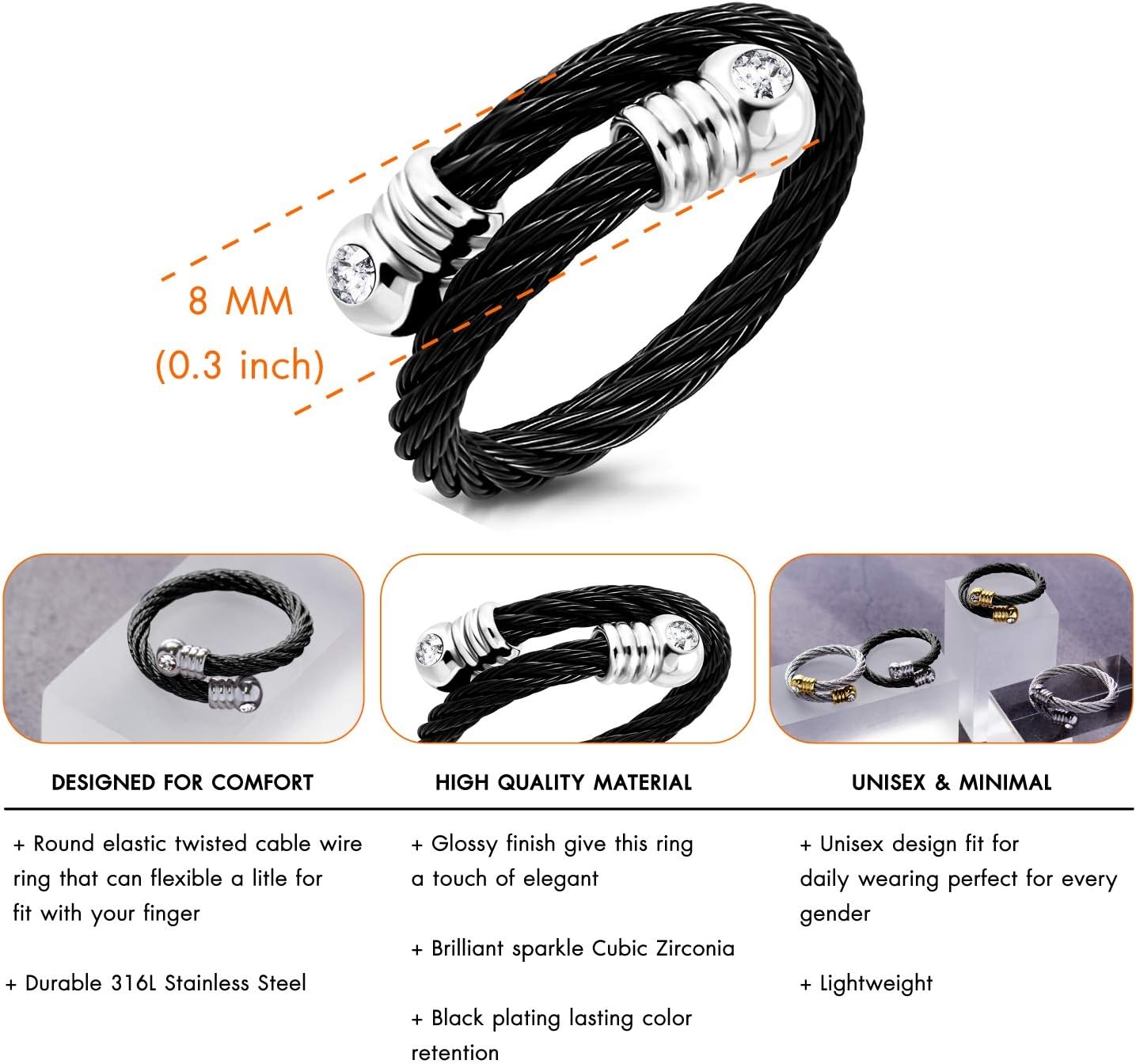 image:image555Jewelry Stainless Steel Twisted Cable CZ Adjustable Open Ring for Women amp LadiesBlack Silver