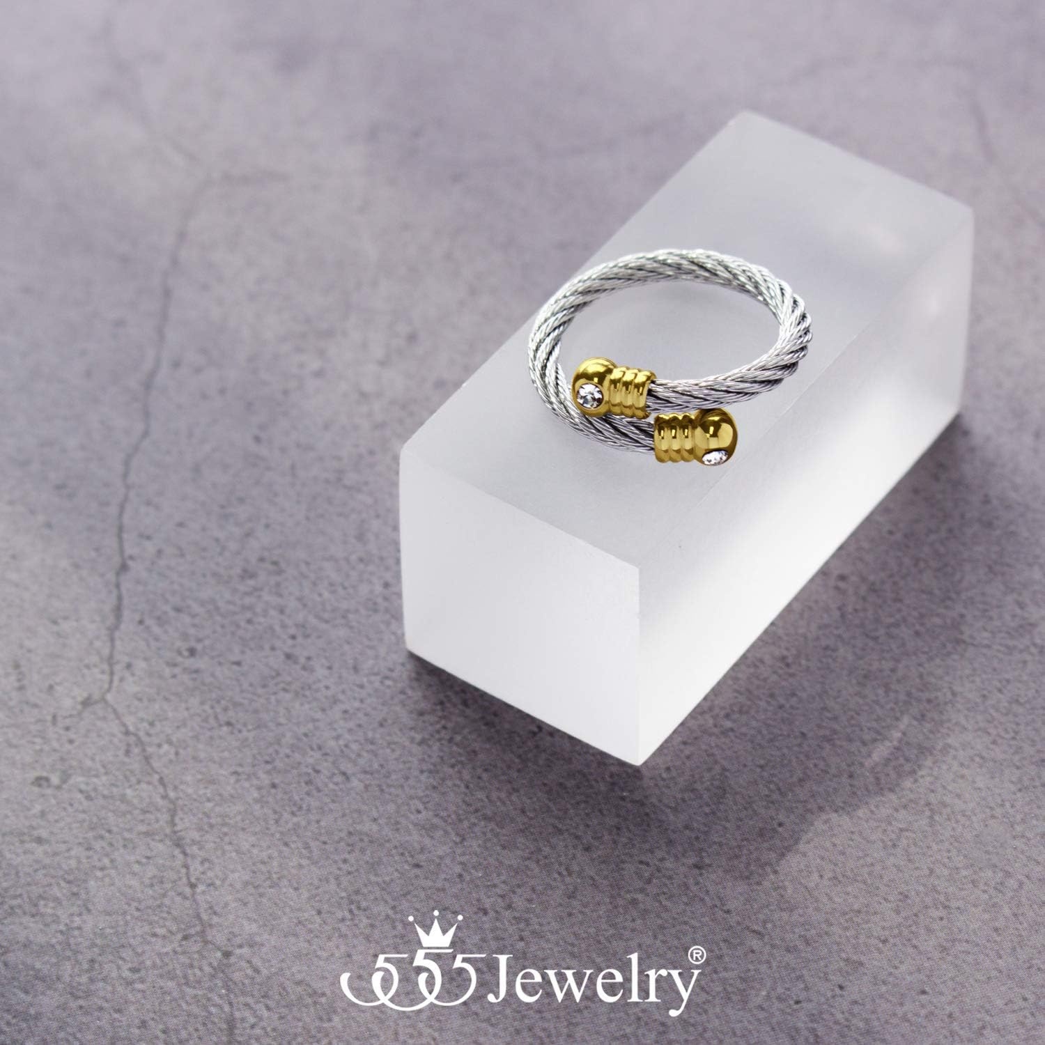 image:image555Jewelry Stainless Steel Twisted Cable CZ Adjustable Open Ring for Women amp LadiesSilver Gold