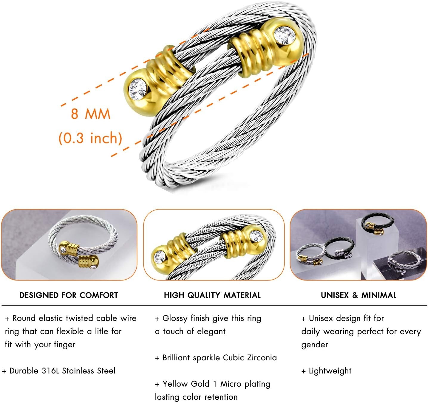 image:image555Jewelry Stainless Steel Twisted Cable CZ Adjustable Open Ring for Women amp LadiesSilver Gold
