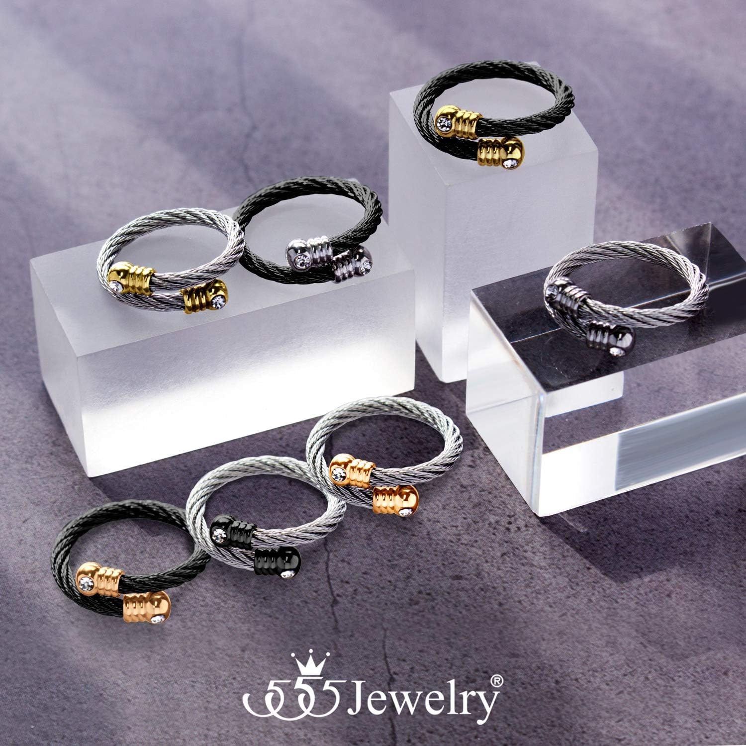 image:image555Jewelry Stainless Steel Twisted Cable CZ Adjustable Open Ring for Women amp LadiesSilver Rose Gold