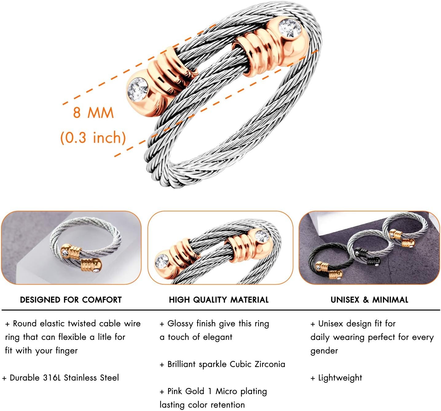 image:image555Jewelry Stainless Steel Twisted Cable CZ Adjustable Open Ring for Women amp LadiesSilver Rose Gold