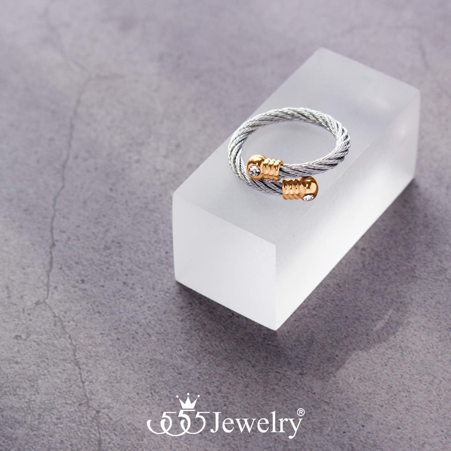 image:image555Jewelry Stainless Steel Twisted Cable CZ Adjustable Open Ring for Women amp LadiesSilver Rose Gold