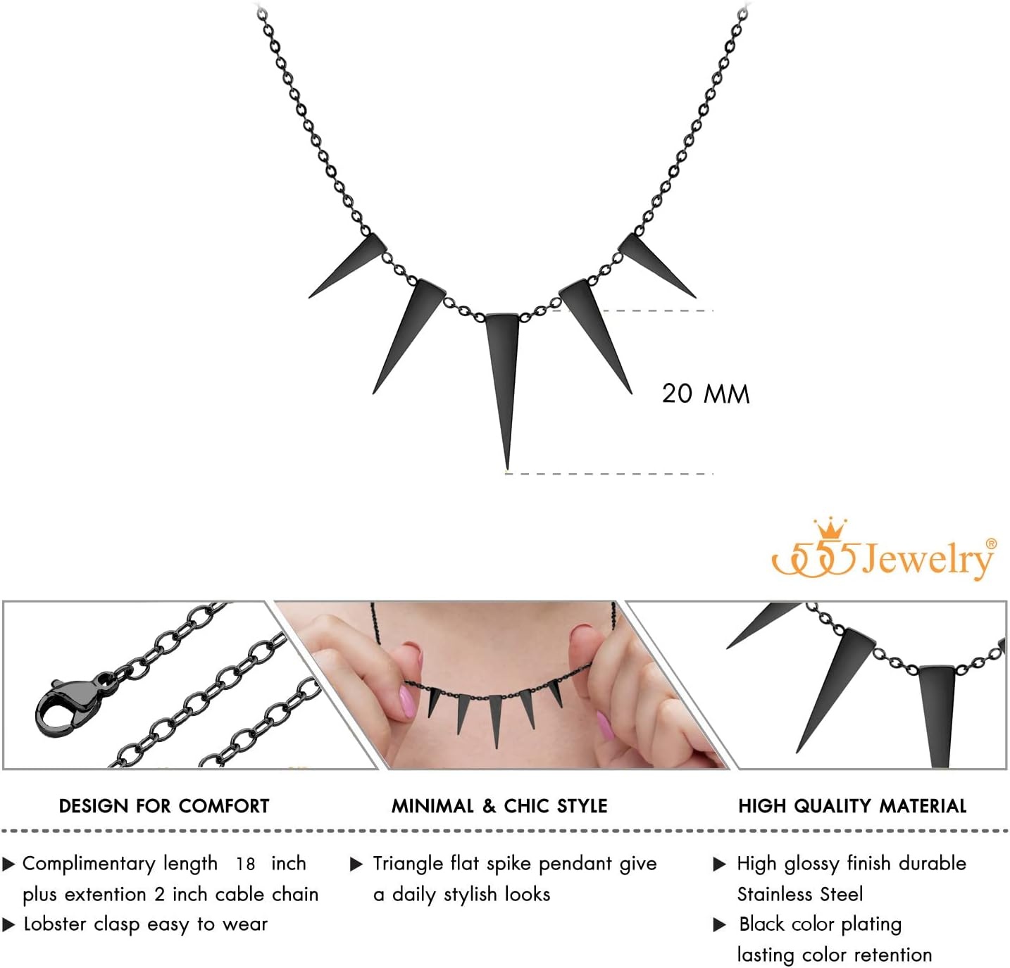 image:image555Jewelry Womens Figaro Chain Stainless Steel Spiky Triangle Pendant NecklaceBlack