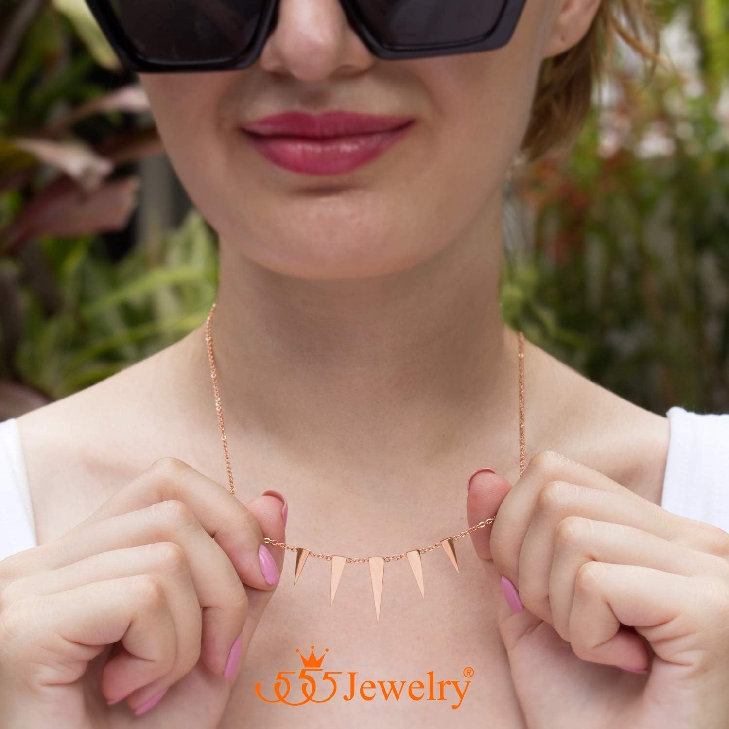 image:image555Jewelry Womens Figaro Chain Stainless Steel Spiky Triangle Pendant NecklacePink Rose Gold