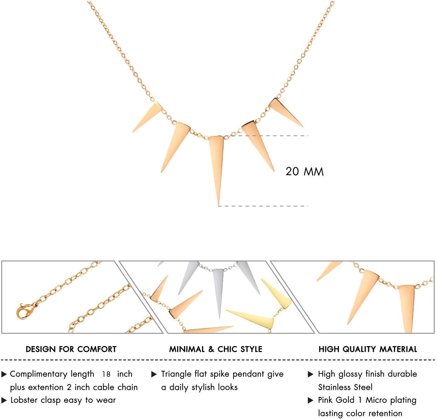 image:image555Jewelry Womens Figaro Chain Stainless Steel Spiky Triangle Pendant NecklacePink Rose Gold