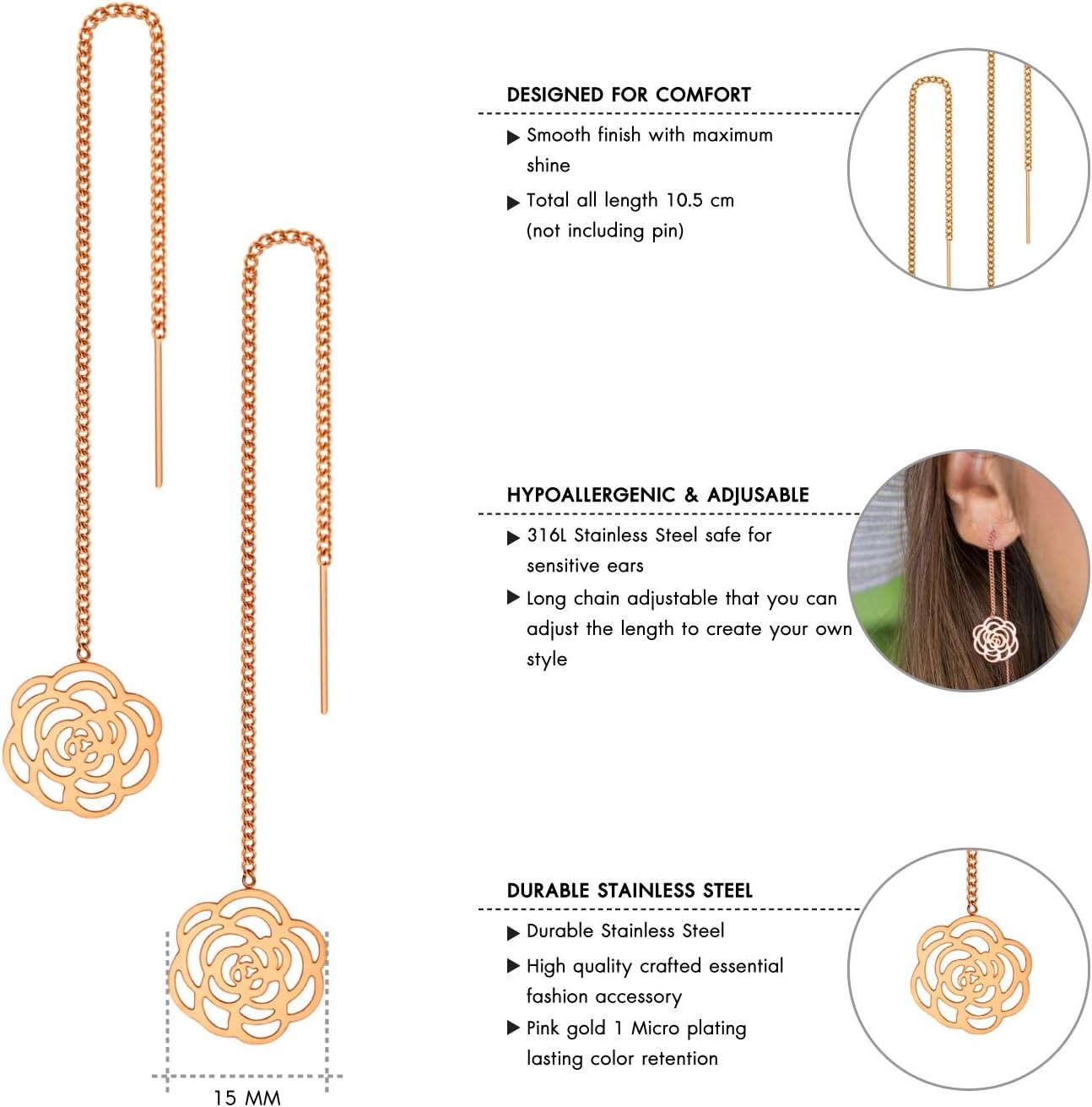 image:image555Jewelry Womens Long Dangle Drop Dainty Flower Threader String EarringsPink Rose Gold