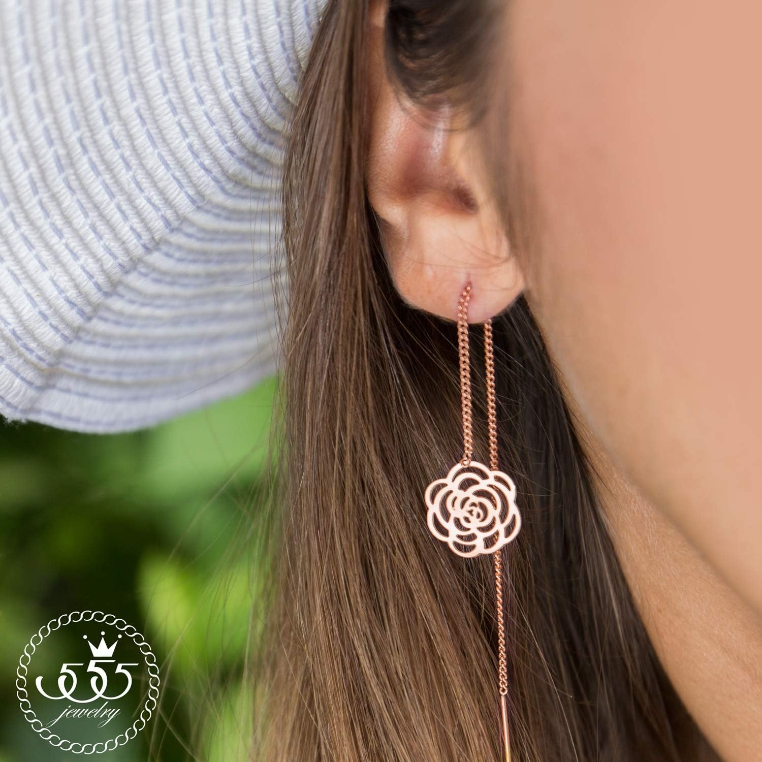 image:image555Jewelry Womens Long Dangle Drop Dainty Flower Threader String EarringsPink Rose Gold