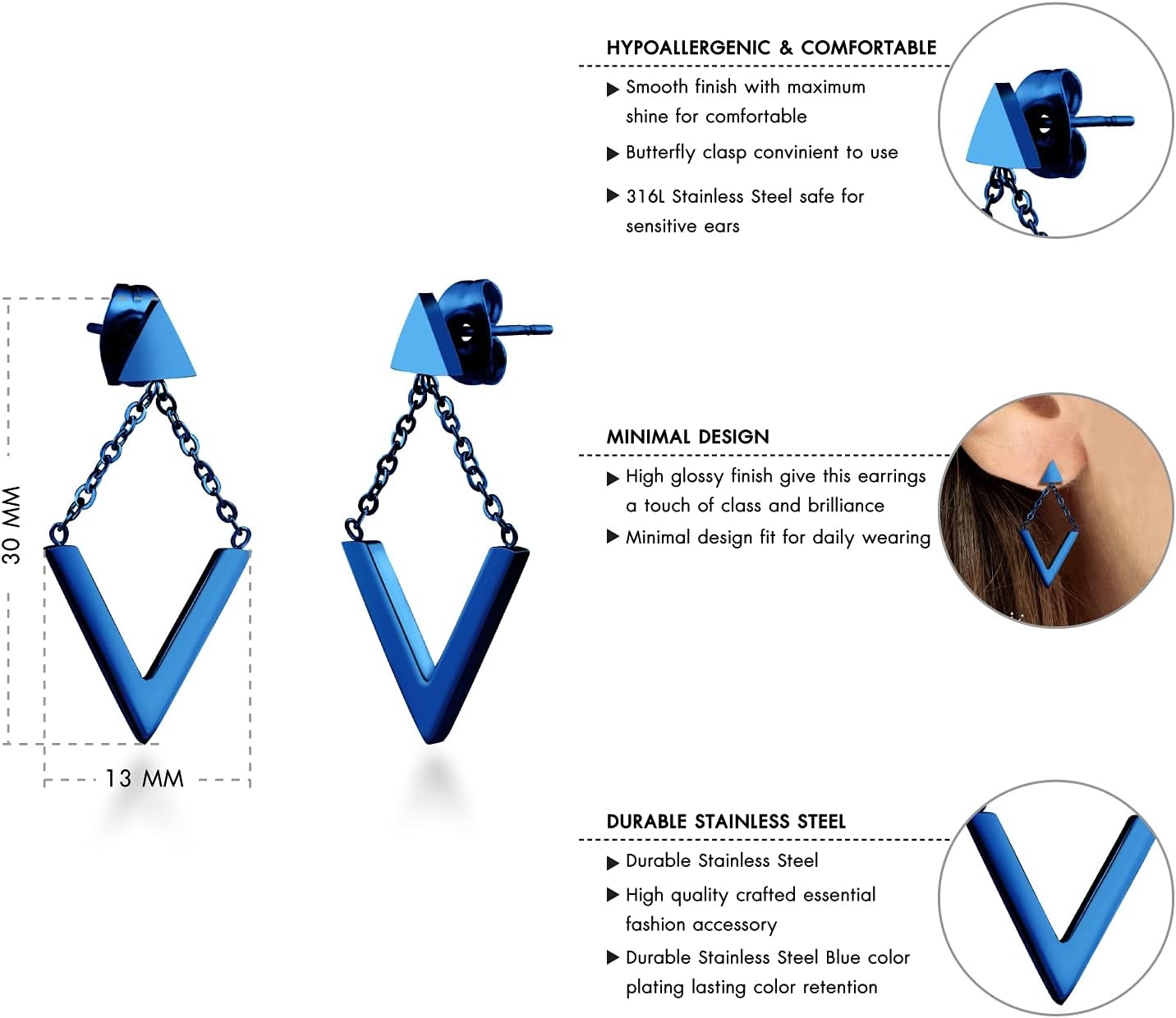 image:image555Jewelry Womens Stainless Steel Edgy V Shape Triangle Chain Drop Stud EarringsBlue