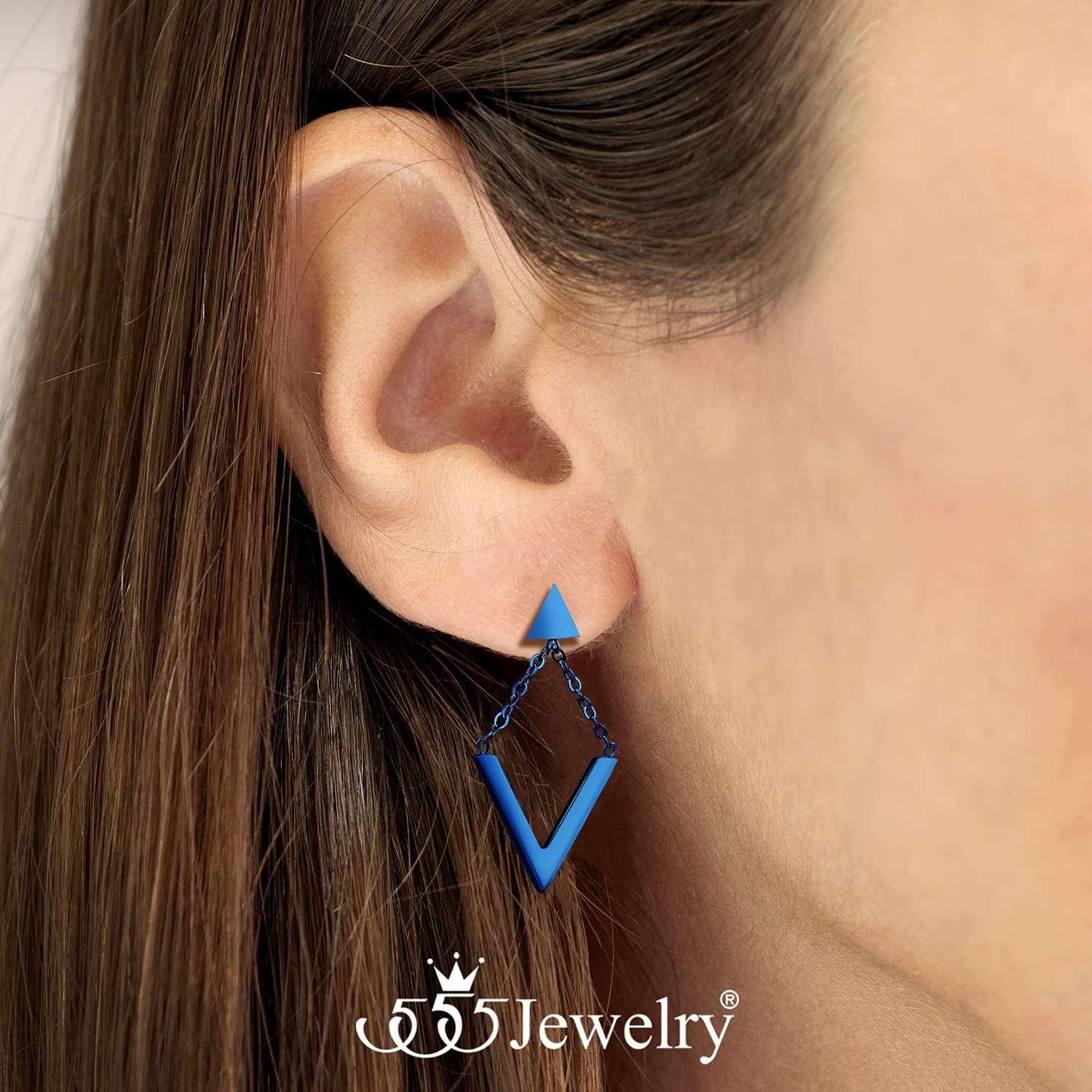 image:image555Jewelry Womens Stainless Steel Edgy V Shape Triangle Chain Drop Stud EarringsBlue