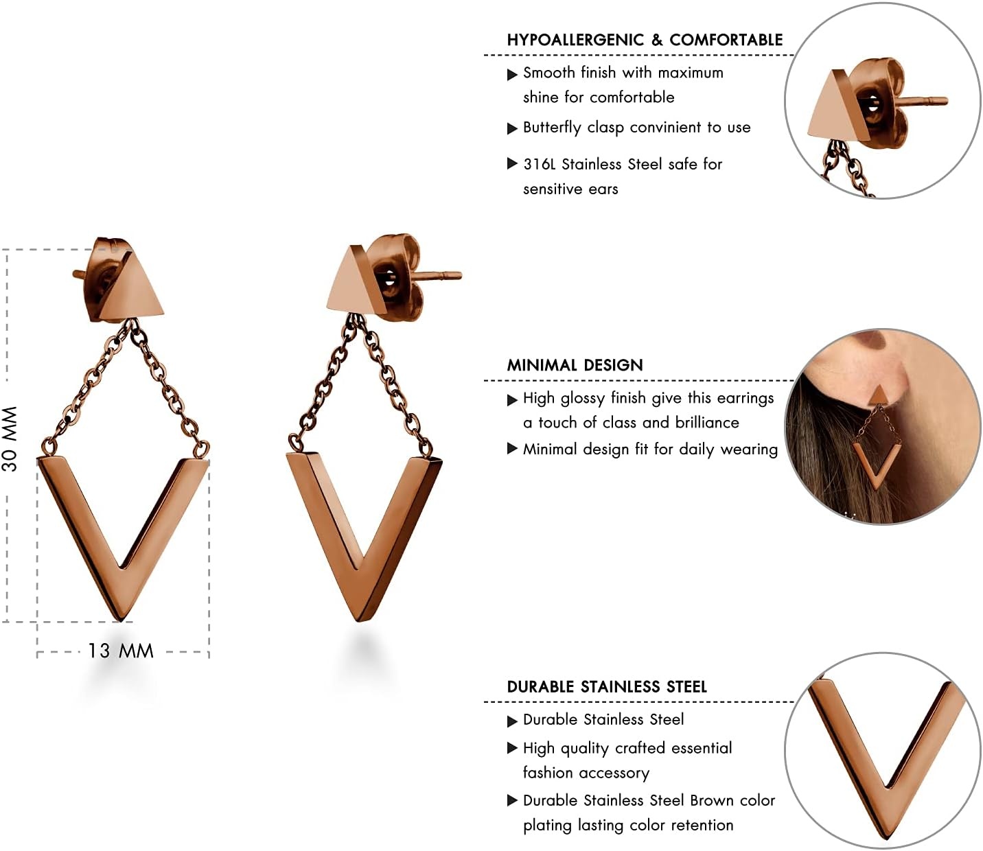 image:image555Jewelry Womens Stainless Steel Edgy V Shape Triangle Chain Drop Stud EarringsCoffee