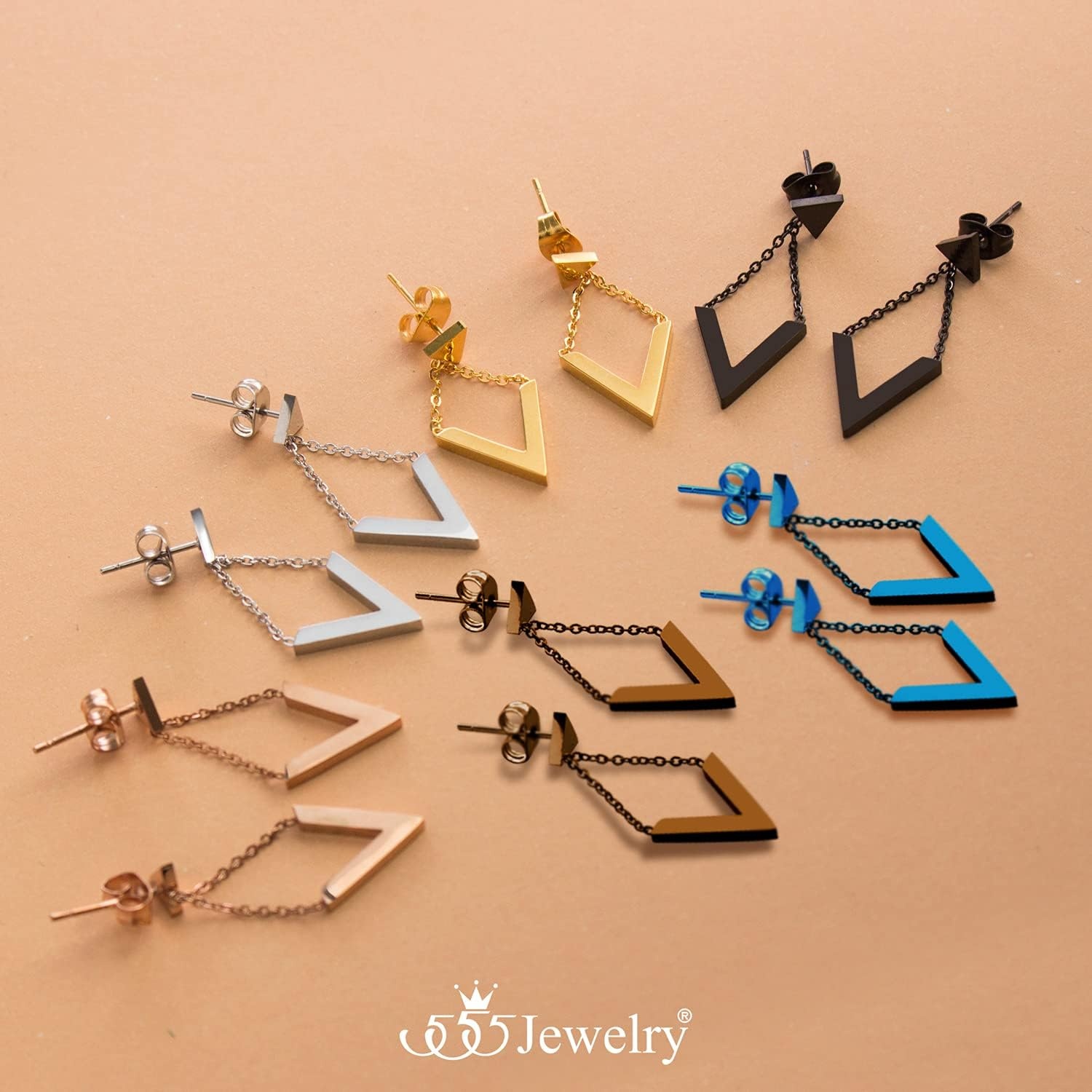 image:image555Jewelry Womens Stainless Steel Edgy V Shape Triangle Chain Drop Stud EarringsCoffee