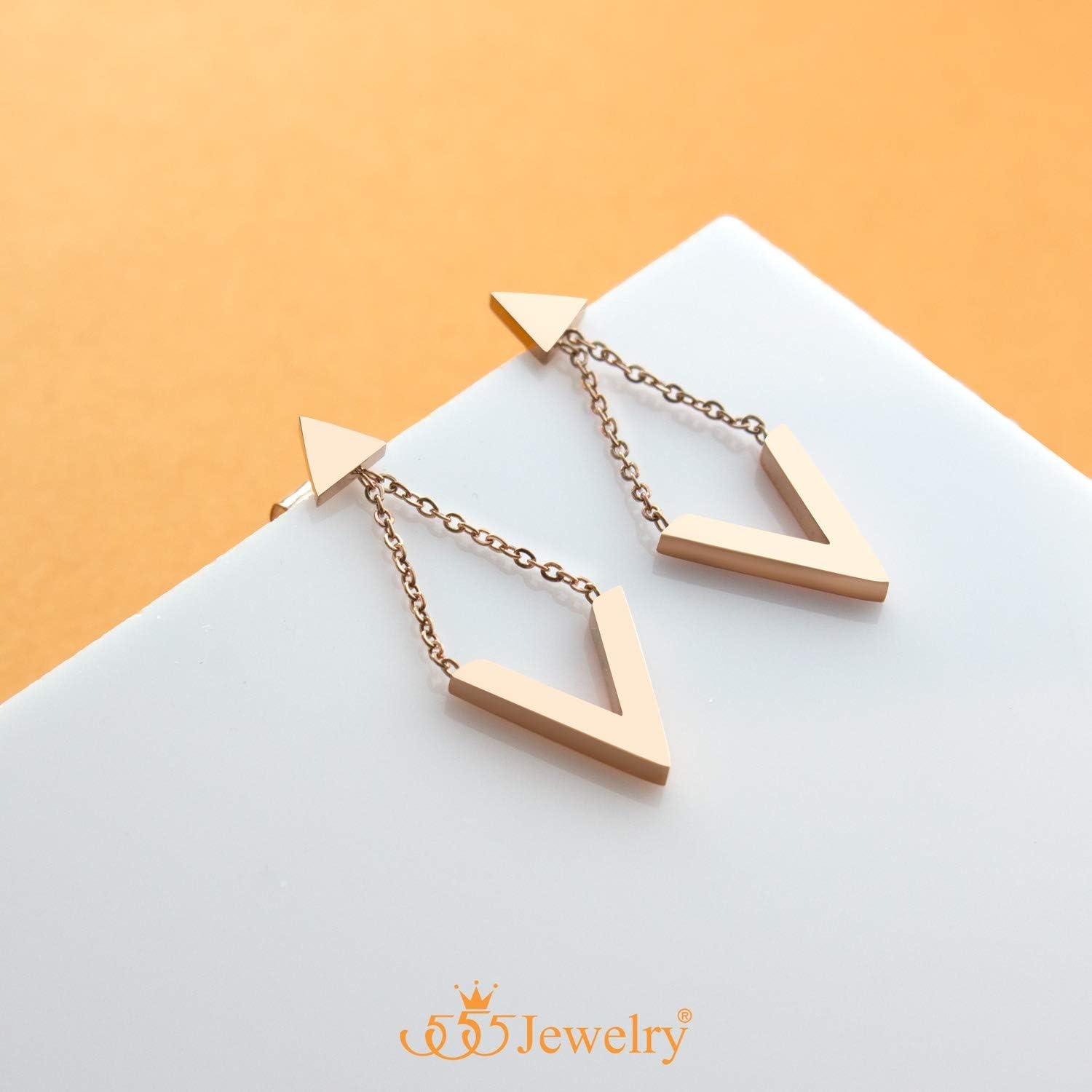 image:image555Jewelry Womens Stainless Steel Edgy V Shape Triangle Chain Drop Stud EarringsPink Rose Gold