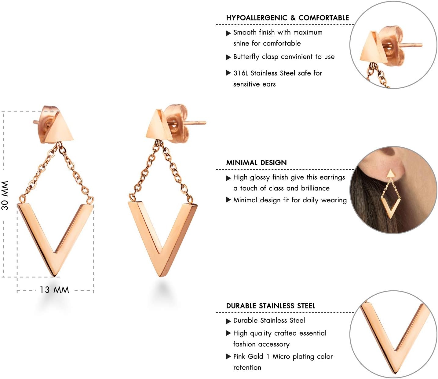 image:image555Jewelry Womens Stainless Steel Edgy V Shape Triangle Chain Drop Stud EarringsPink Rose Gold